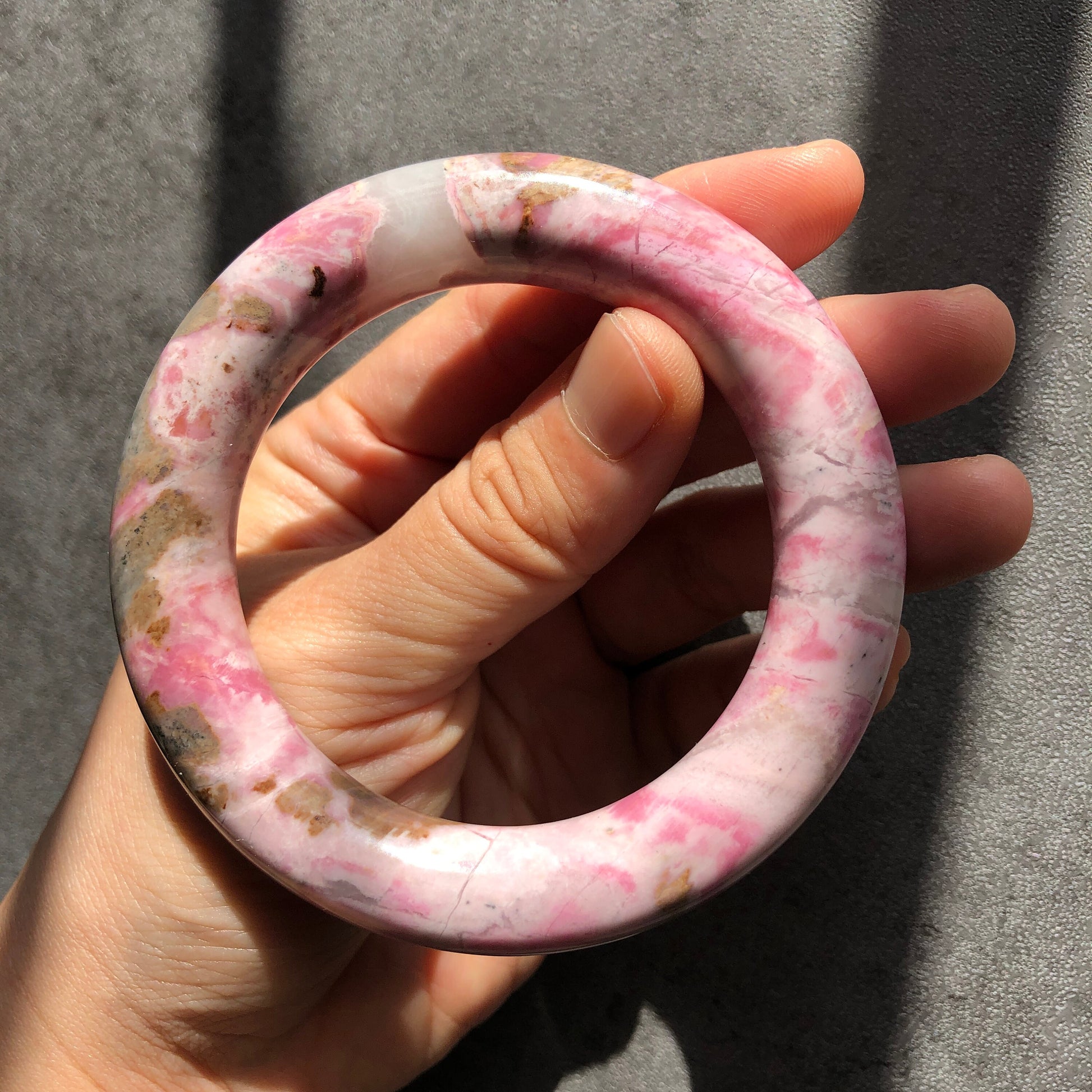 56.3mm Natural Rhodonite Stone Bangle Bracelet | Strawberry Milkshake | Pink, White, Blue | Pink Crystal Gemstone Bangle | Healing Stone