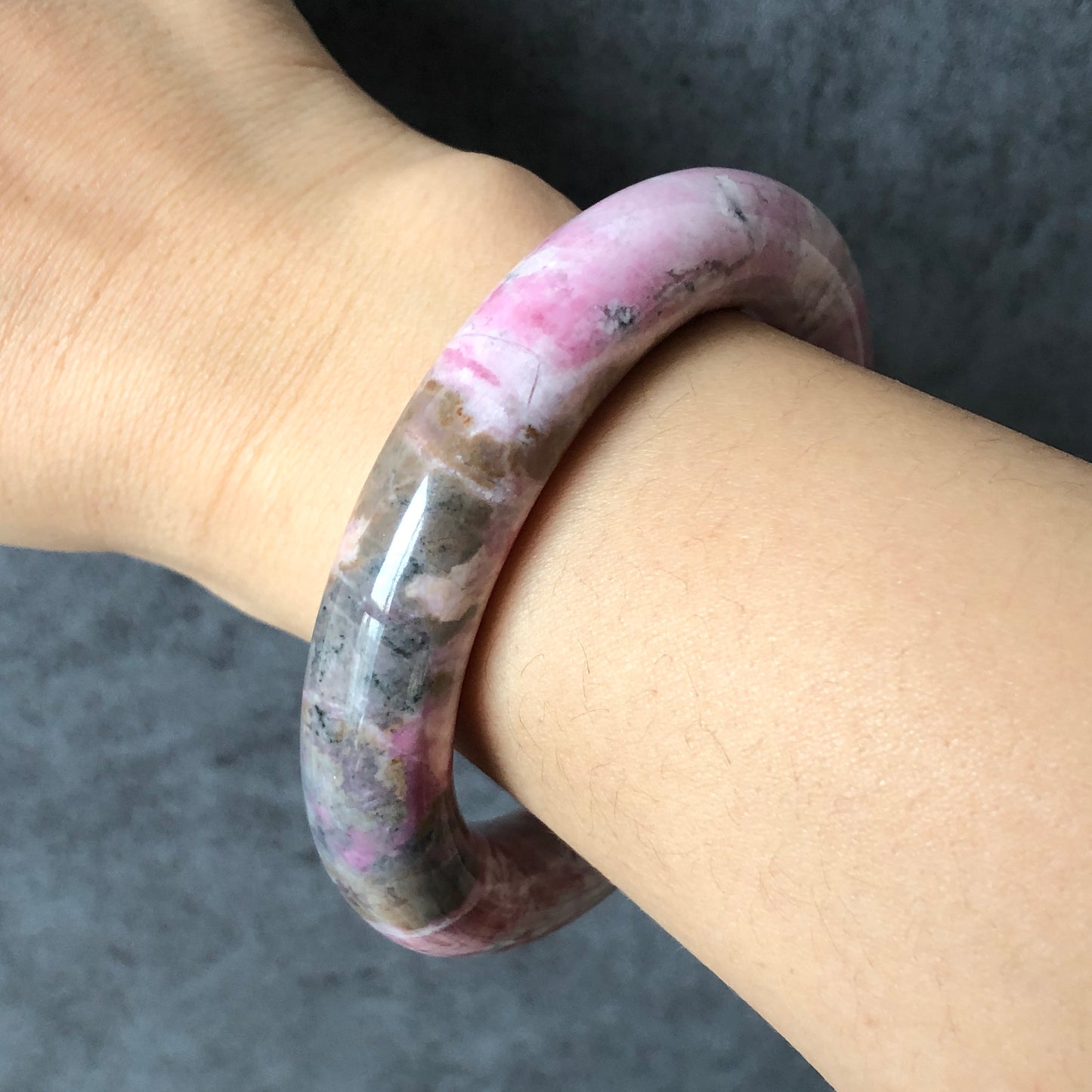 56.3mm Natural Rhodonite Stone Bangle Bracelet | Strawberry Milkshake | Pink, White, Blue | Pink Crystal Gemstone Bangle | Healing Stone