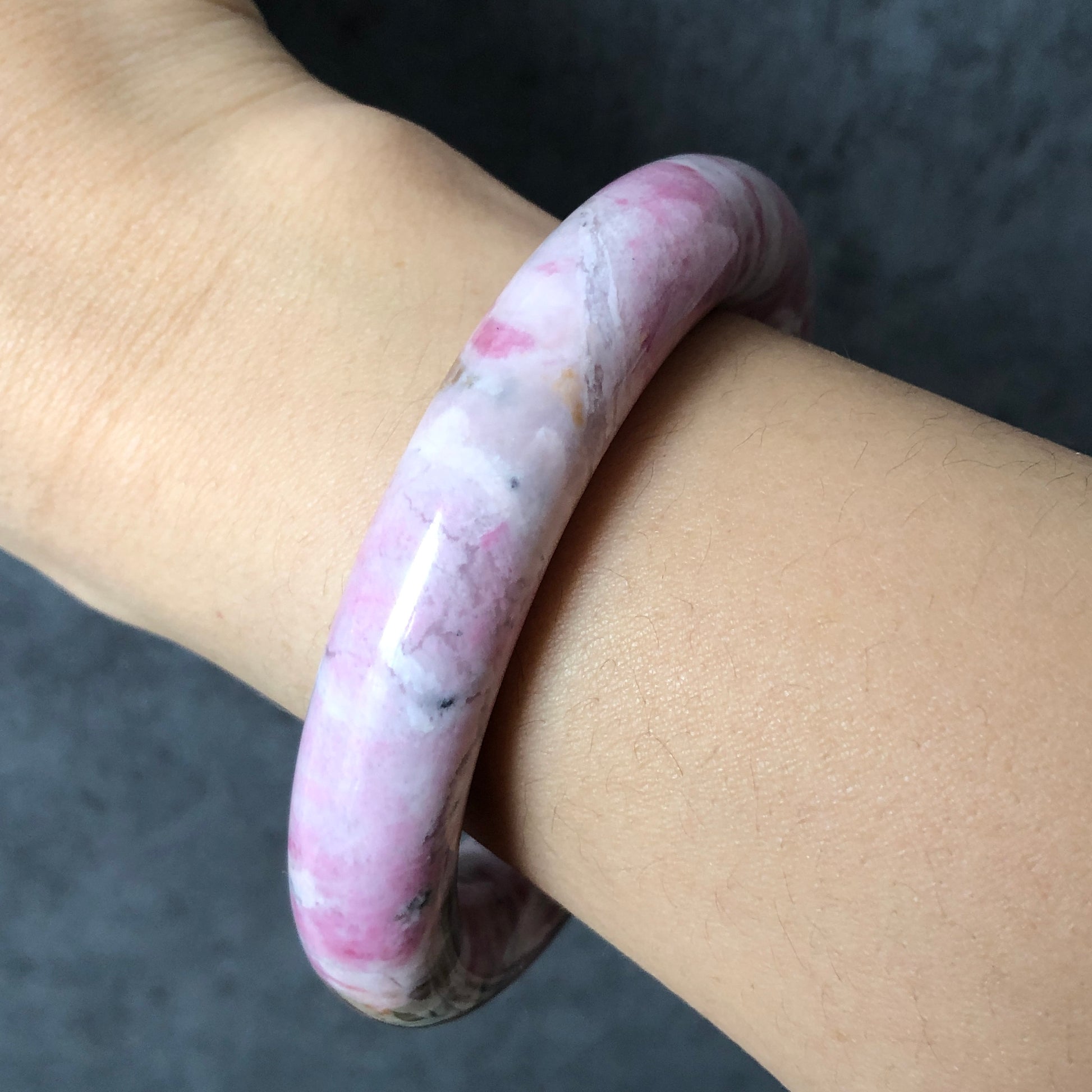 56.3mm Natural Rhodonite Stone Bangle Bracelet | Strawberry Milkshake | Pink, White, Blue | Pink Crystal Gemstone Bangle | Healing Stone