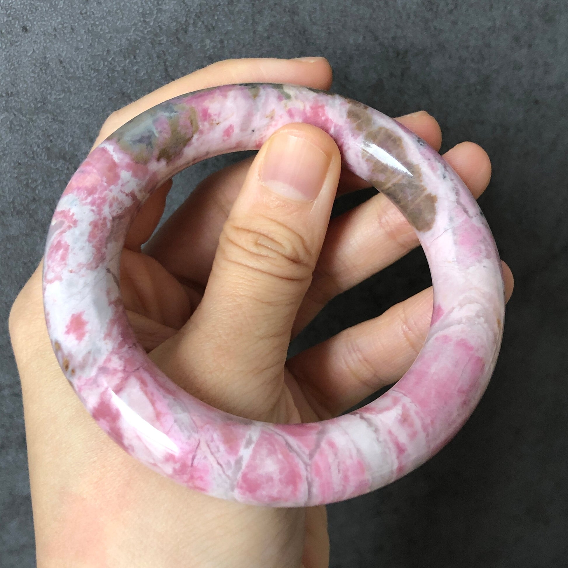 56.3mm Natural Rhodonite Stone Bangle Bracelet | Strawberry Milkshake | Pink, White, Blue | Pink Crystal Gemstone Bangle | Healing Stone