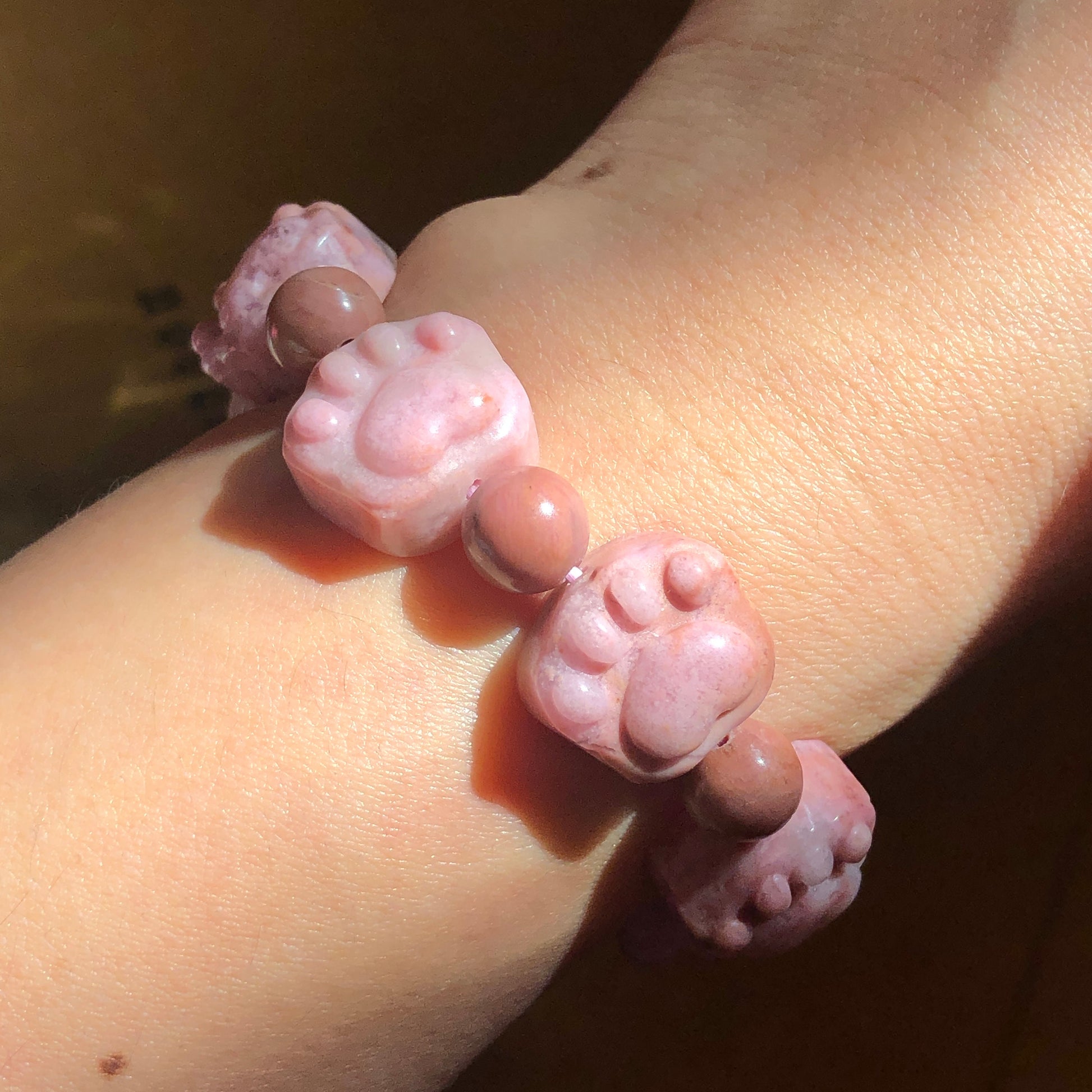 Natural Rhodonite Stone Crystal Bracelet | Cat Paws bead bracelet | Caramel Pink | Raw Stone Bracelet Gemstone Jewelry | Healing Stone Gift