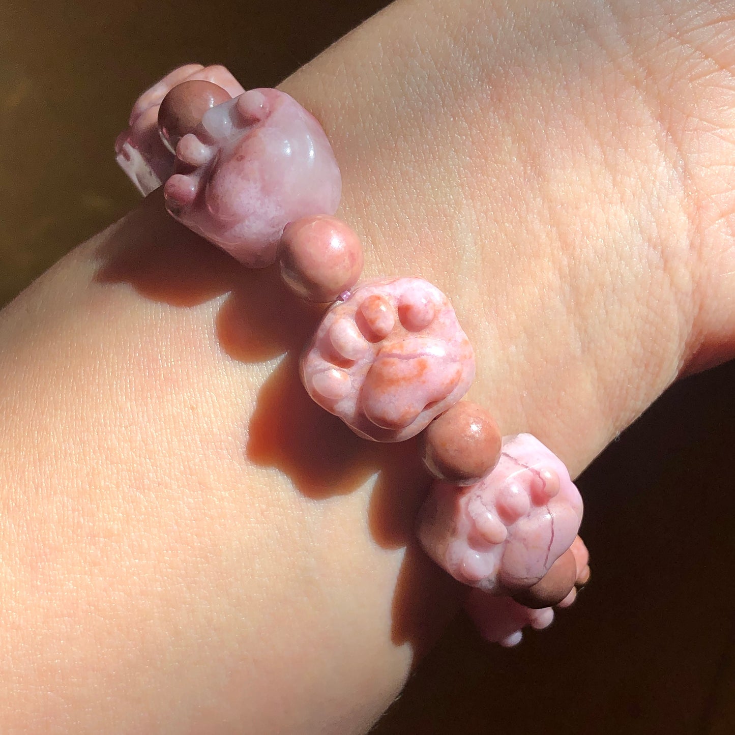 Natural Rhodonite Stone Crystal Bracelet | Cat Paws bead bracelet | Caramel Pink | Raw Stone Bracelet Gemstone Jewelry | Healing Stone Gift