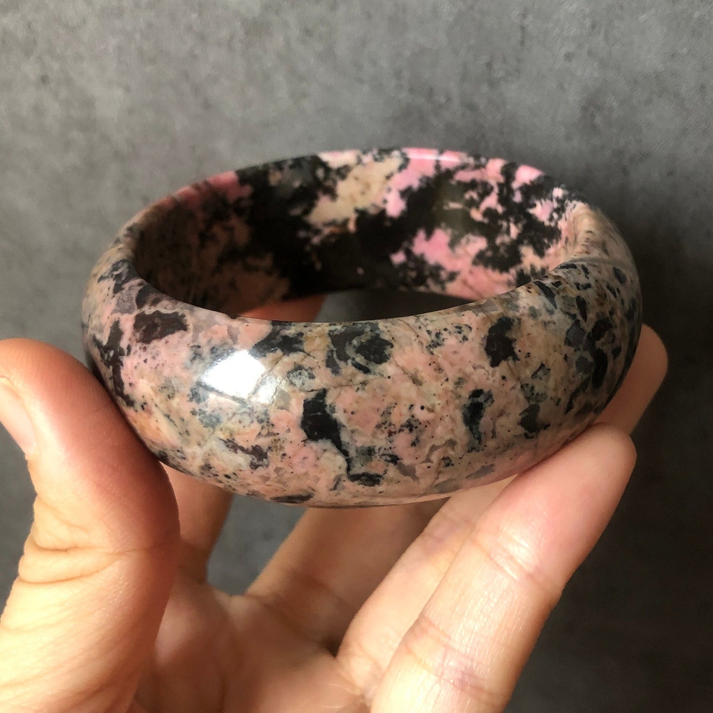 59.1mm Natural Rhodonite Stone Bangle Bracelet | Pink Black Leopard print | Crystal Gemstone Bangle | Vintage Style | Healing Stone Gift, Vintage Bracelet, Antique Bangle, Black Stone Bangle, Pink Raw Stone Bracelet, Wide Stone Bangle Jewelry