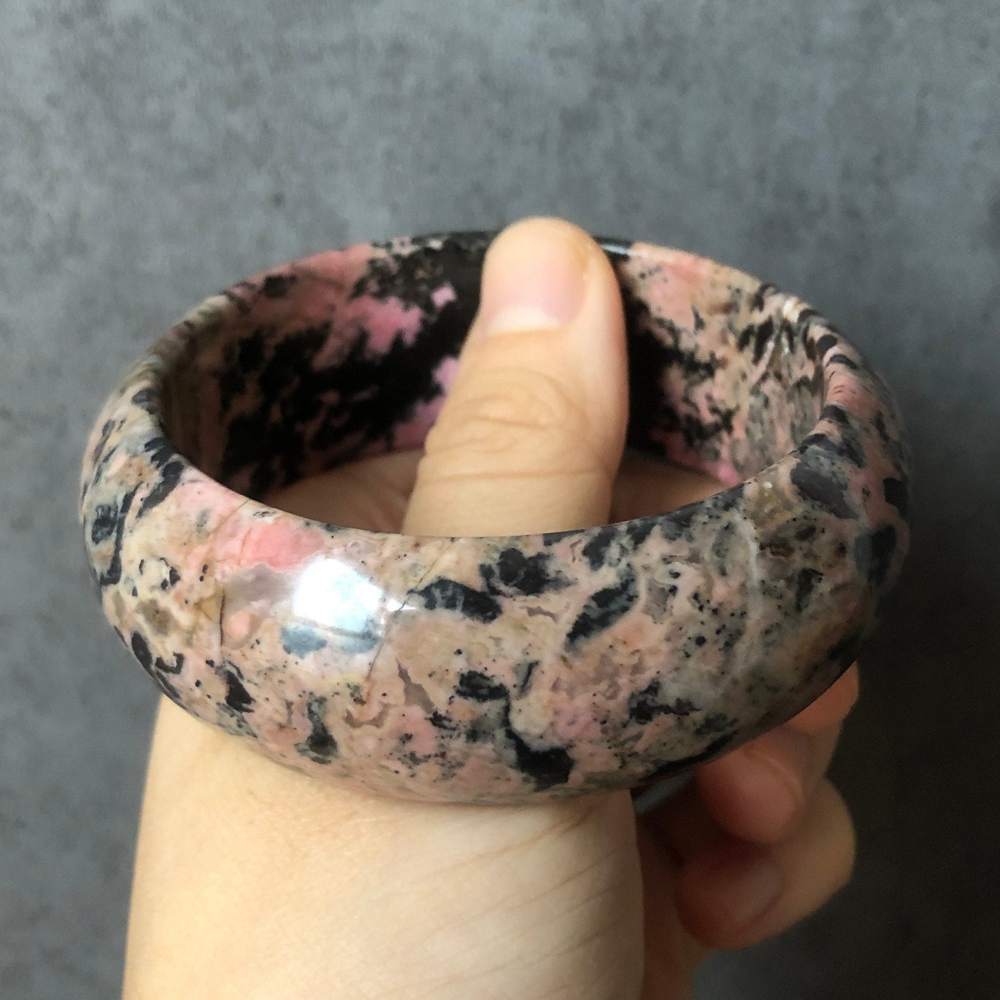 59.1mm Natural Rhodonite Stone Bangle Bracelet | Pink Black Leopard print | Crystal Gemstone Bangle | Vintage Style | Healing Stone Gift, Vintage Bracelet, Antique Bangle, Black Stone Bangle, Pink Raw Stone Bracelet, Wide Stone Bangle Jewelry