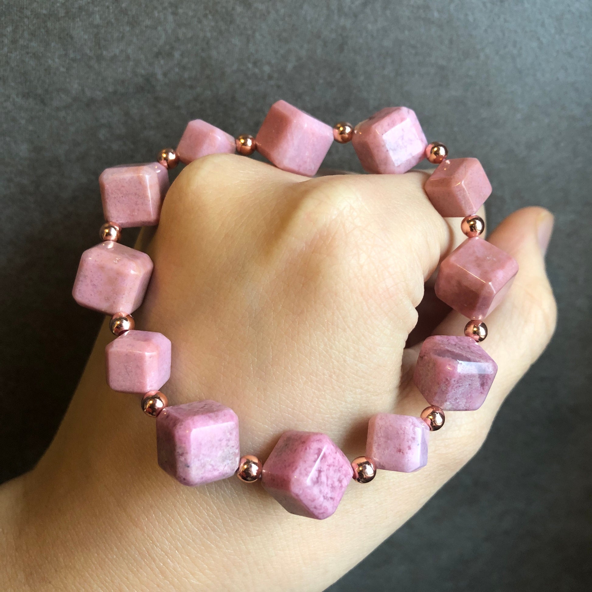 Natural Pink Rhodonite Crystal Bracelet | Cube Bead Stretch Bracelets | Baby Pink Raw Stone Bracelet | Rhodonite Jewelry | Healing Stone