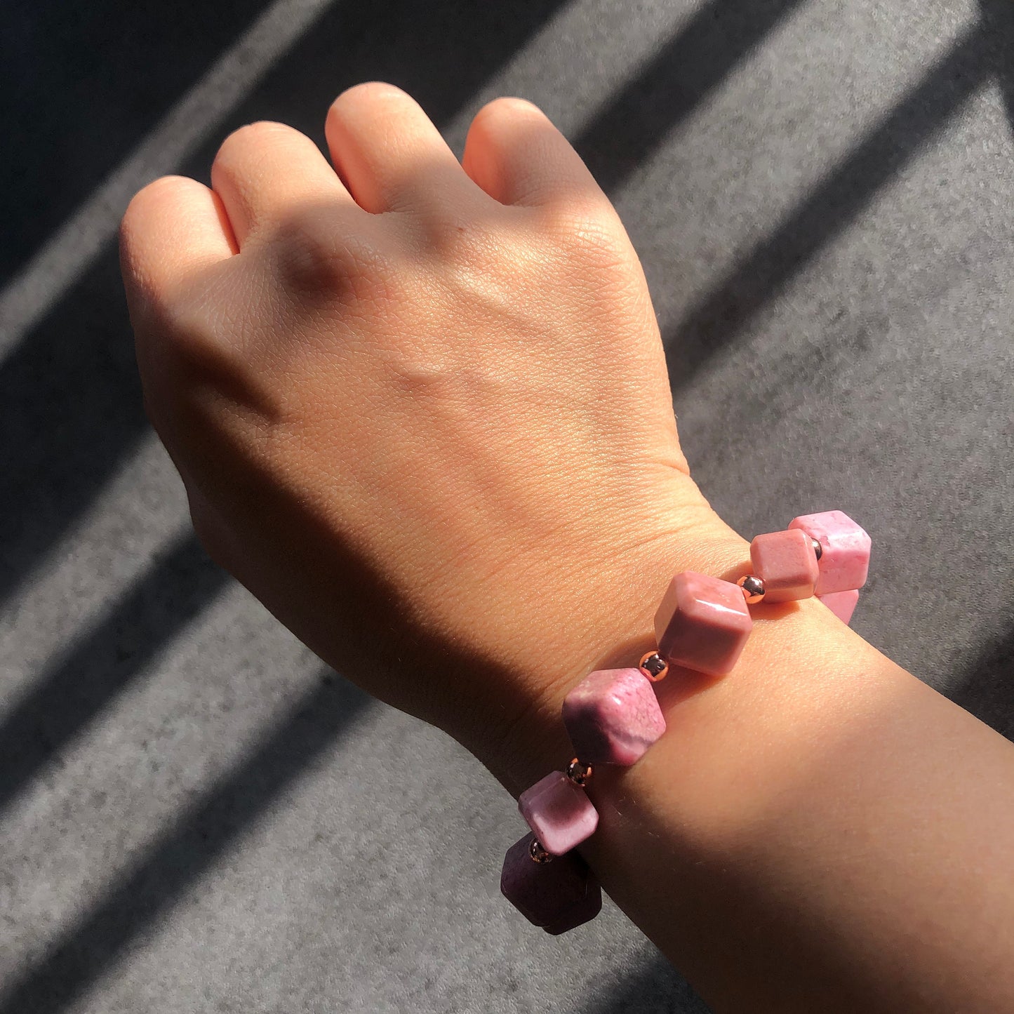 Natural Pink Rhodonite Crystal Bracelet | Cube Bead Stretch Bracelets | Baby Pink Raw Stone Bracelet | Rhodonite Jewelry | Healing Stone