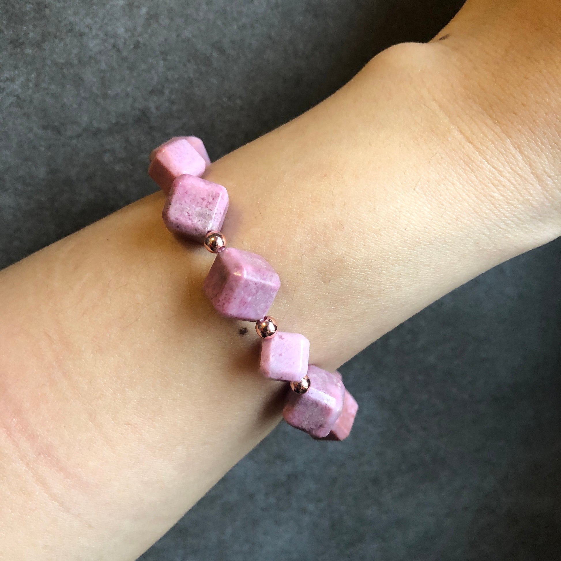 Natural Pink Rhodonite Crystal Bracelet | Cube Bead Stretch Bracelets | Baby Pink Raw Stone Bracelet | Rhodonite Jewelry | Healing Stone