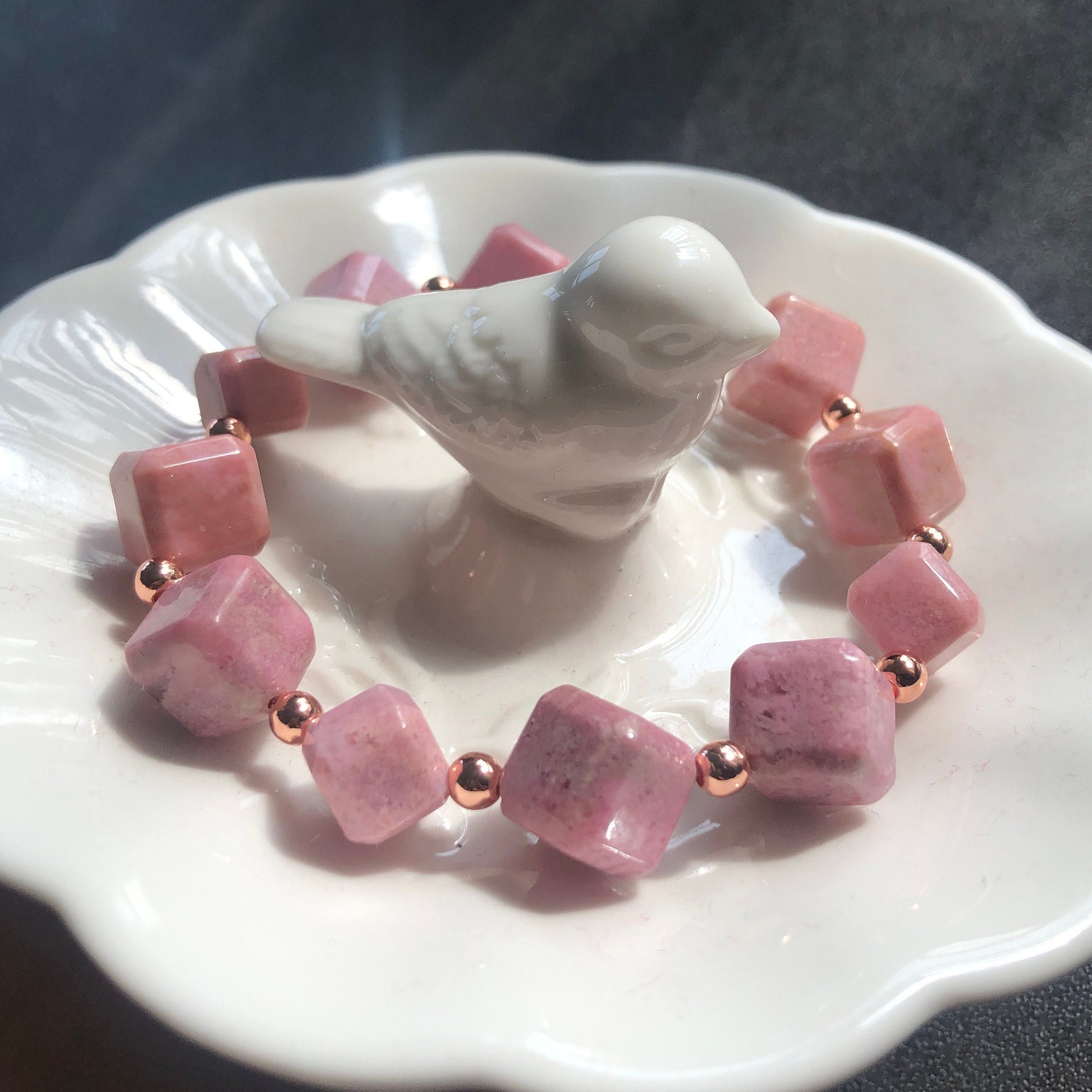 Natural Pink Rhodonite Crystal Bracelet | Cube Bead Stretch Bracelets | Baby Pink Raw Stone Bracelet | Rhodonite Jewelry | Healing Stone