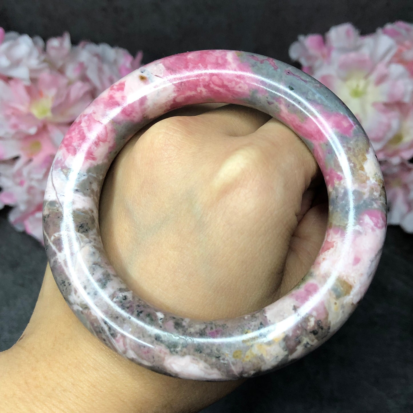 58mm Premium Natural Rhodonite Stone Bangle Bracelet | The Splash! | Porcelain Blue, Pink, Grey | Crystal Gemstone Rock Bangle Gift for her, healing stone bangle, love stone, rhodonite jewelry, pink stone bangle, edgy moredern bangle for women