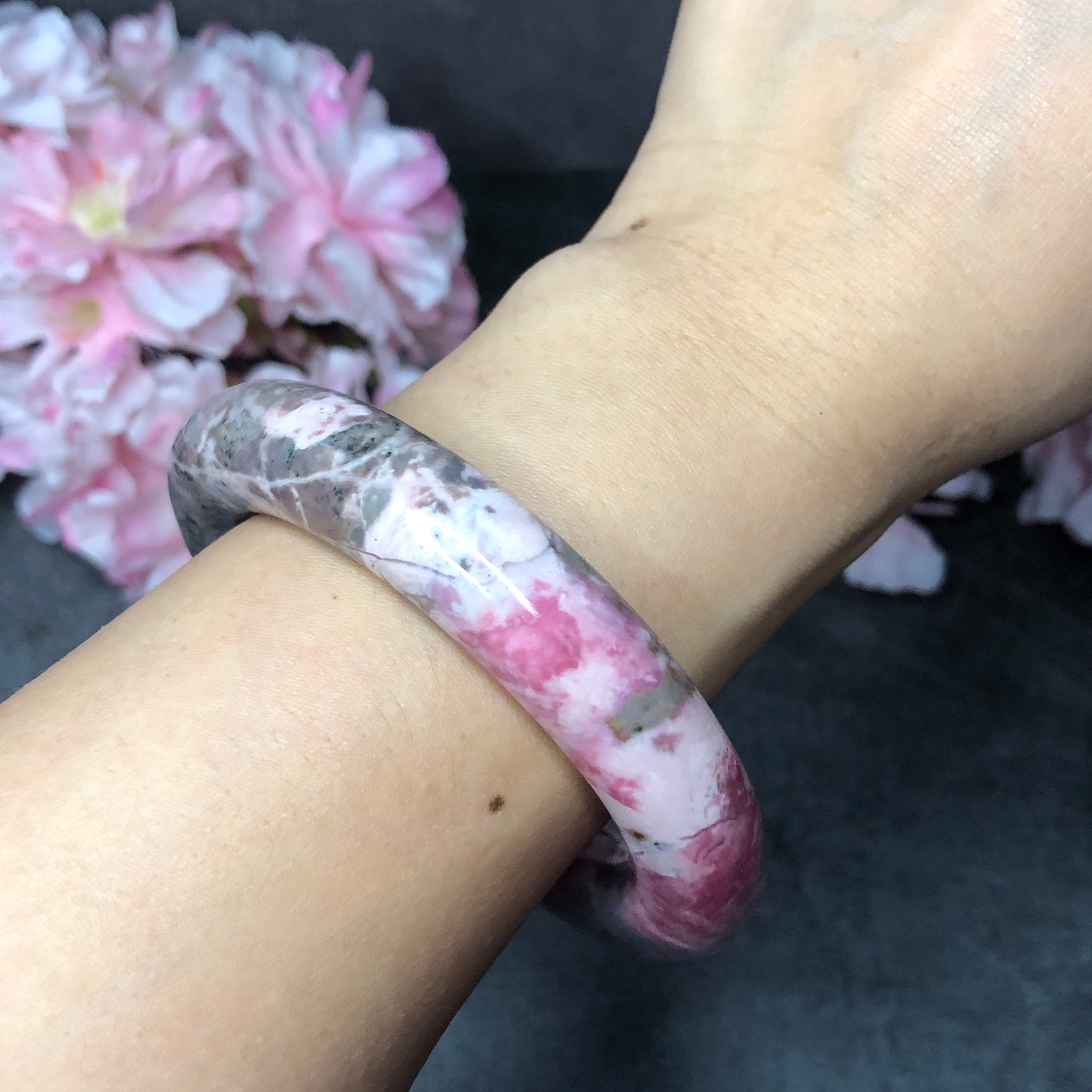 58mm Premium Natural Rhodonite Stone Bangle Bracelet | The Splash! | Porcelain Blue, Pink, Grey | Crystal Gemstone Rock Bangle Gift for her, healing stone bangle, love stone, rhodonite jewelry, pink stone bangle, edgy moredern bangle for women