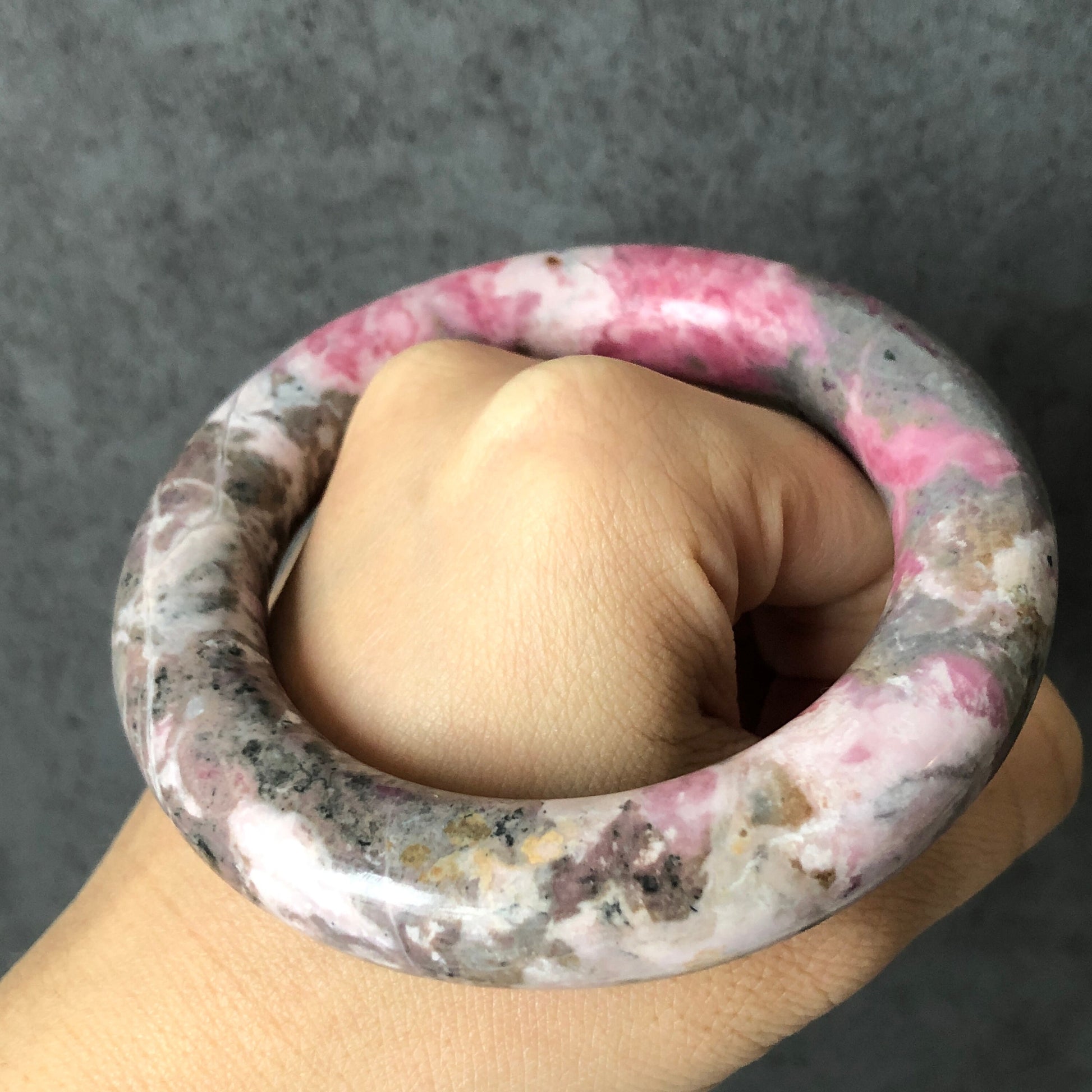 58mm Premium Natural Rhodonite Stone Bangle Bracelet | The Splash! | Porcelain Blue, Pink, Grey | Crystal Gemstone Rock Bangle Gift for her, healing stone bangle, love stone, rhodonite jewelry, pink stone bangle, edgy moredern bangle for women