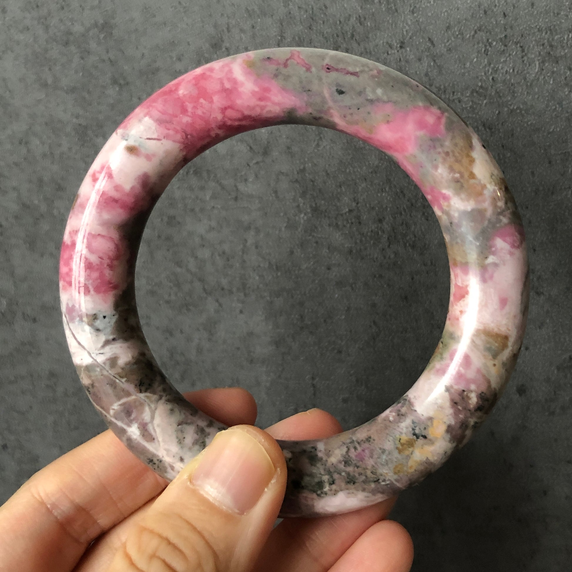 58mm Premium Natural Rhodonite Stone Bangle Bracelet | The Splash! | Porcelain Blue, Pink, Grey | Crystal Gemstone Rock Bangle Gift for her, healing stone bangle, love stone, rhodonite jewelry, pink stone bangle, edgy moredern bangle for women