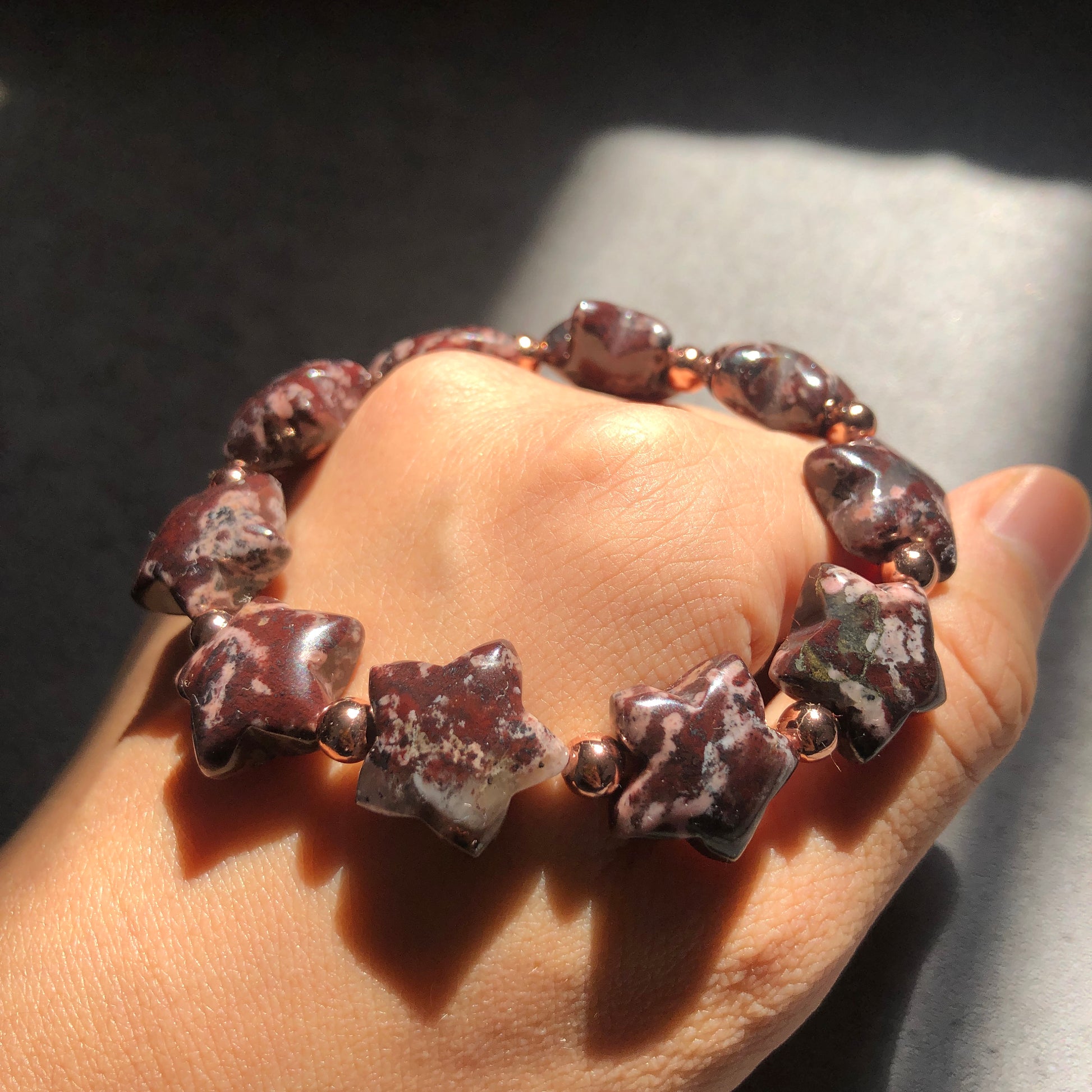 Natural Star-shaped Rhodonite Stone Crystal Bracelet | Black Brown Pink Leopard Print | Rock Star Bracelet | Vintage Style Healing Stone