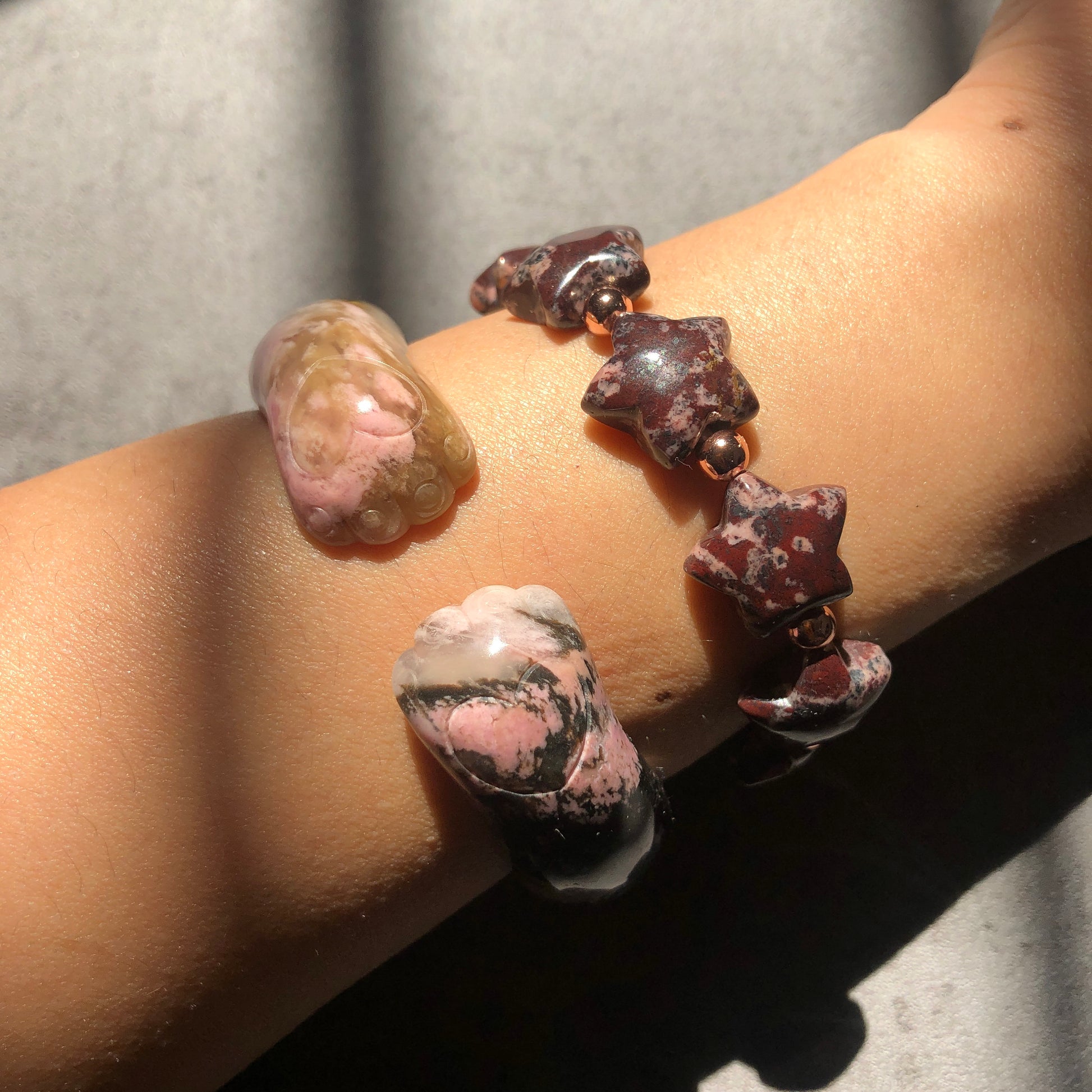 Natural Star-shaped Rhodonite Stone Crystal Bracelet | Black Brown Pink Leopard Print | Rock Star Bracelet | Vintage Style Healing Stone