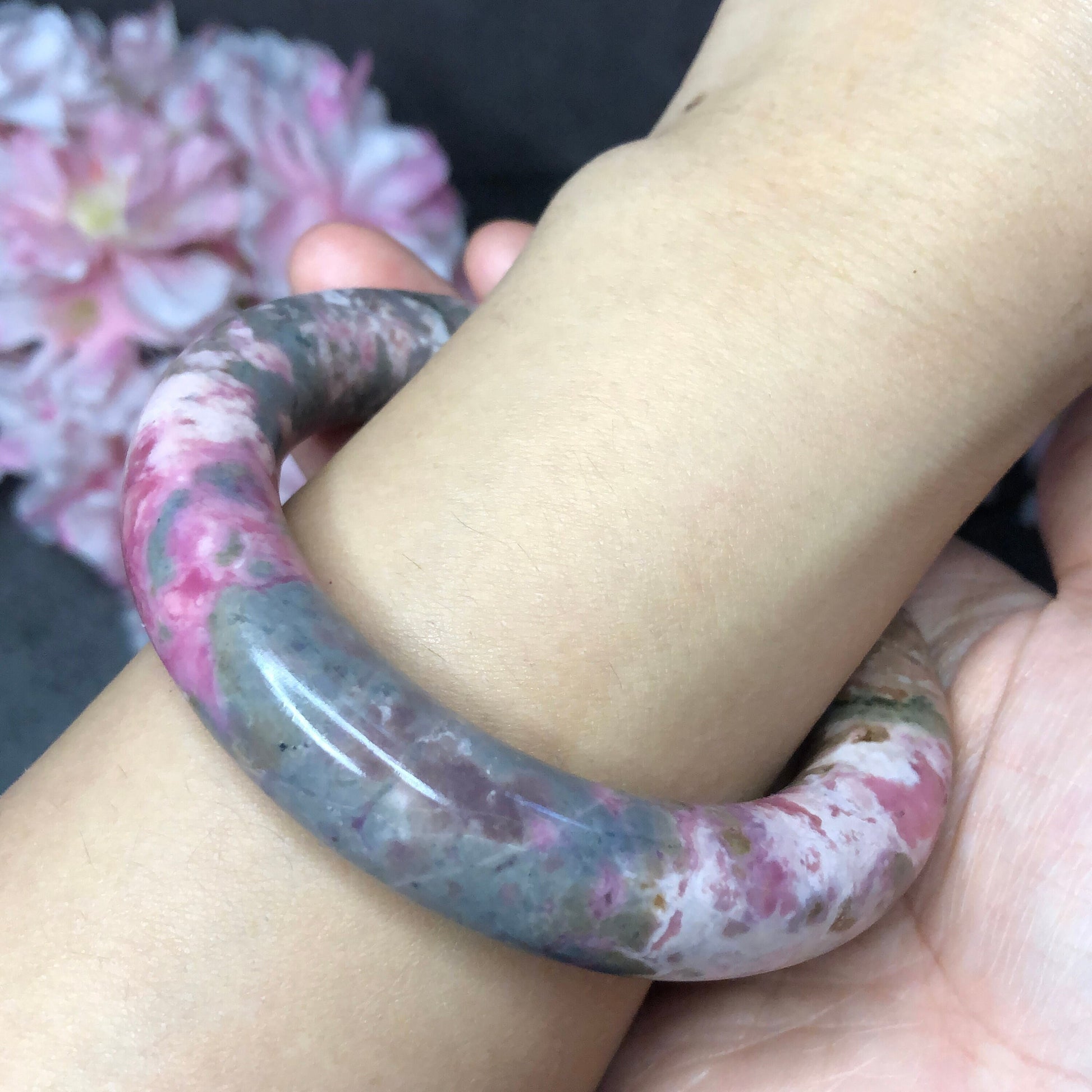 58mm Premium Natural Rhodonite Stone Bangle Bracelet | The Splash! | Porcelain Blue, Pink, Grey | Crystal Gemstone Rock Bangle Gift for her, healing stone bangle, love stone, rhodonite jewelry, pink stone bangle, edgy moredern bangle for women