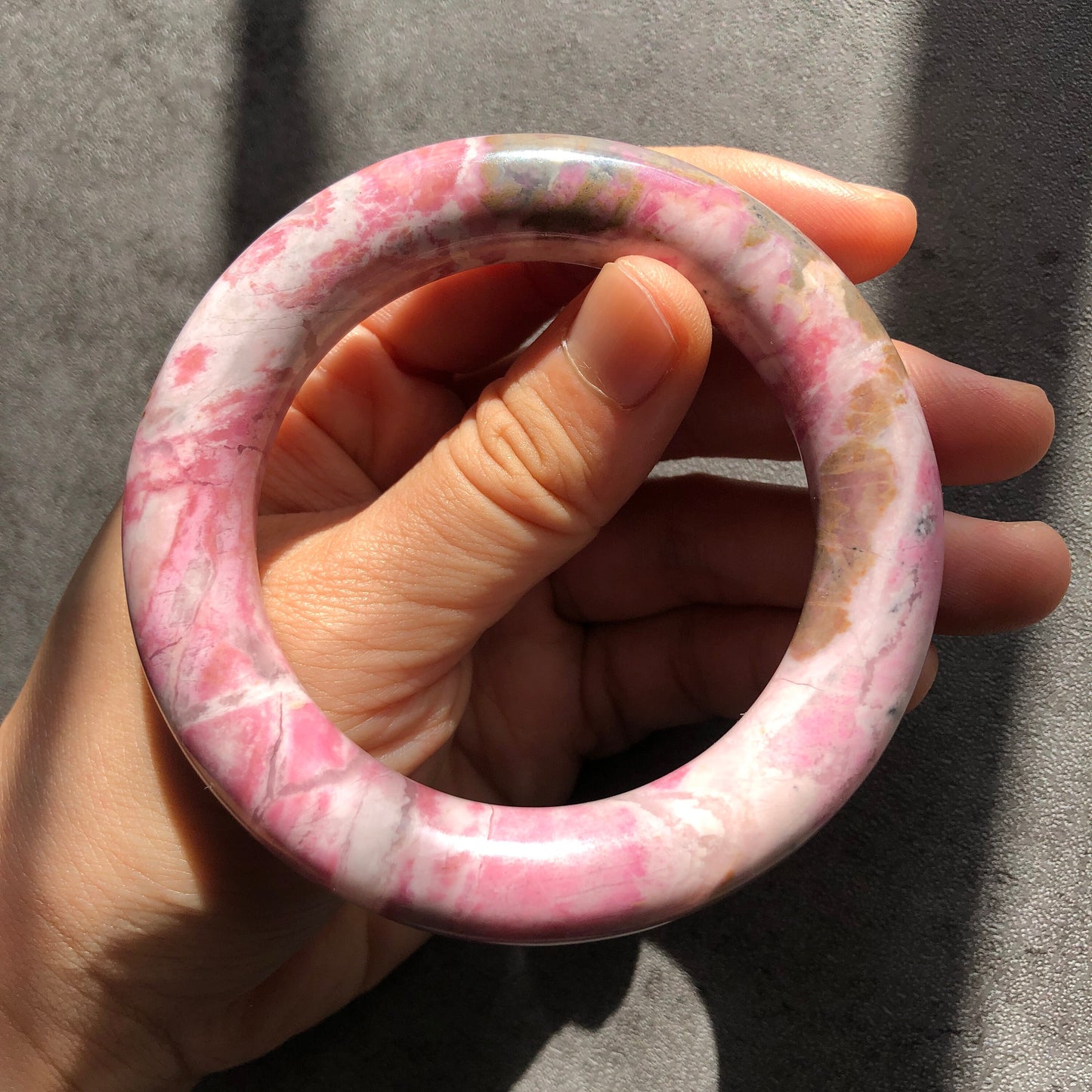 56.3mm Natural Rhodonite Stone Bangle Bracelet | Strawberry Milkshake | Pink, White, Blue | Pink Crystal Gemstone Bangle | Healing Stone