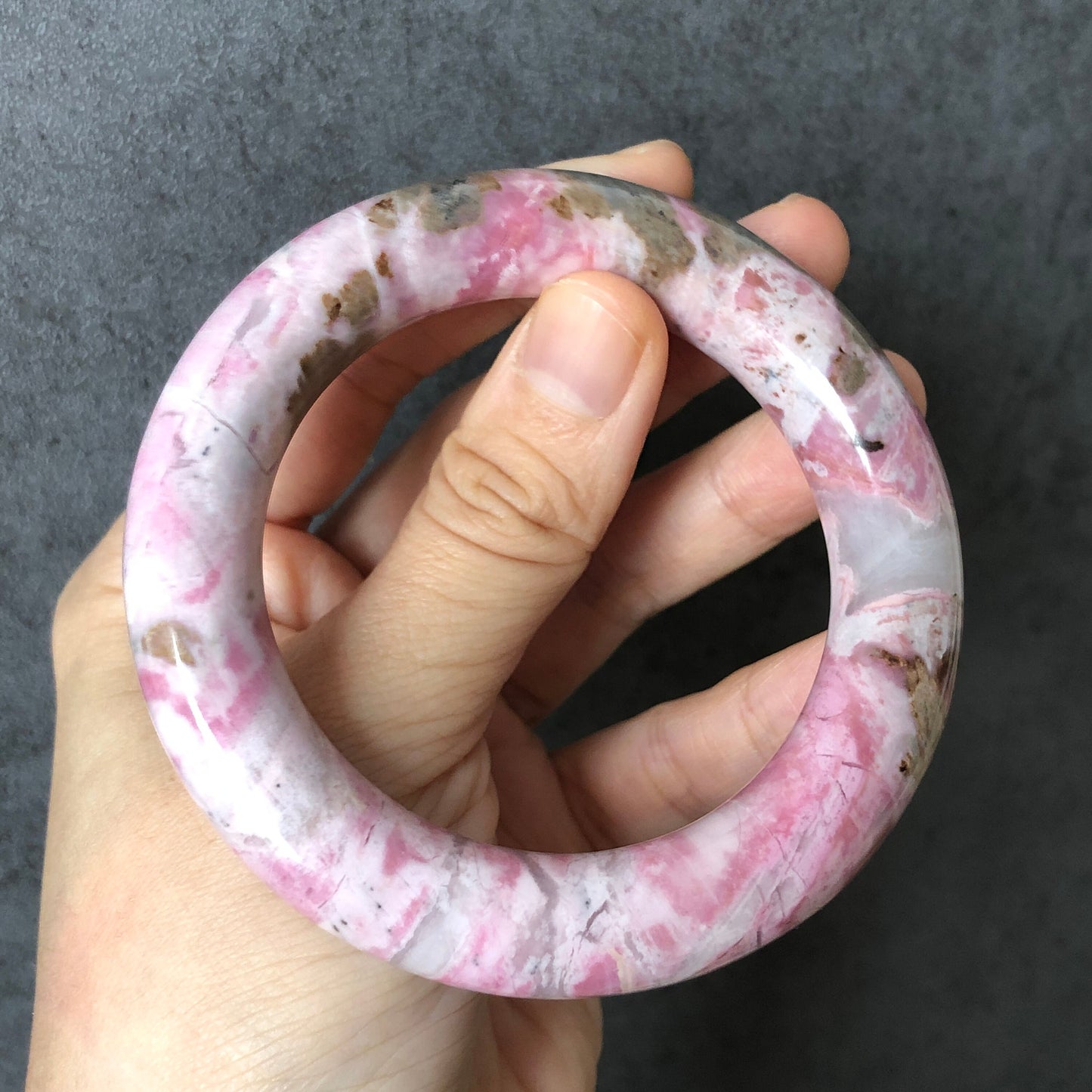 56.3mm Natural Rhodonite Stone Bangle Bracelet | Strawberry Milkshake | Pink, White, Blue | Pink Crystal Gemstone Bangle | Healing Stone