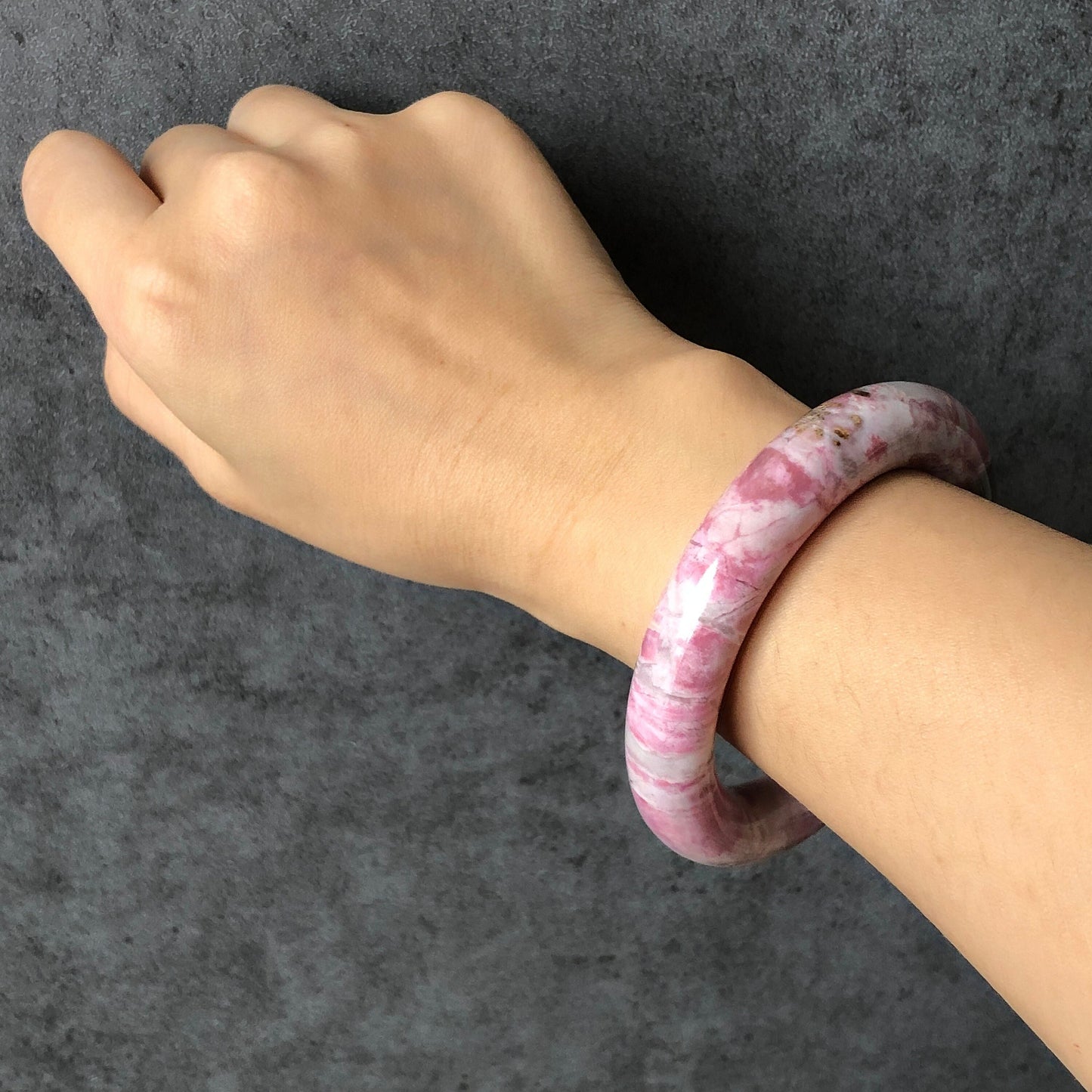 56.3mm Natural Rhodonite Stone Bangle Bracelet | Strawberry Milkshake | Pink, White, Blue | Pink Crystal Gemstone Bangle | Healing Stone