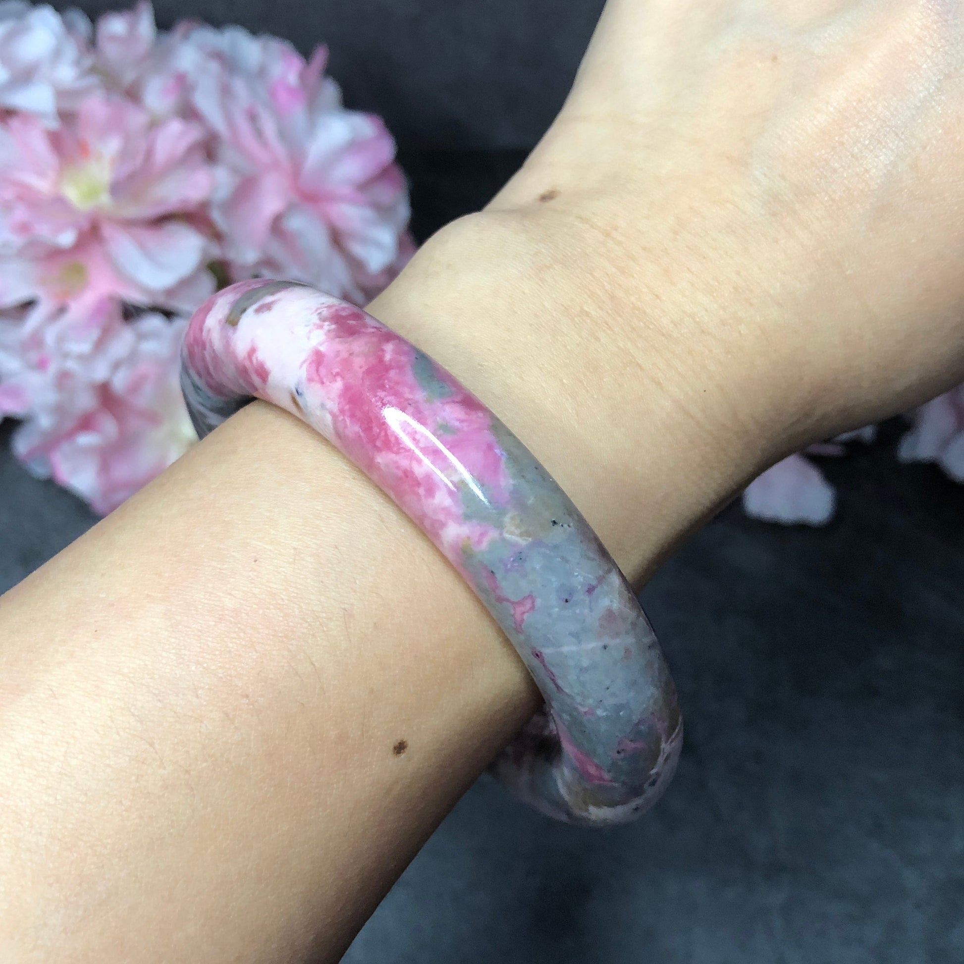 58mm Premium Natural Rhodonite Stone Bangle Bracelet | The Splash! | Porcelain Blue, Pink, Grey | Crystal Gemstone Rock Bangle Gift for her, healing stone bangle, love stone, rhodonite jewelry, pink stone bangle, edgy moredern bangle for women