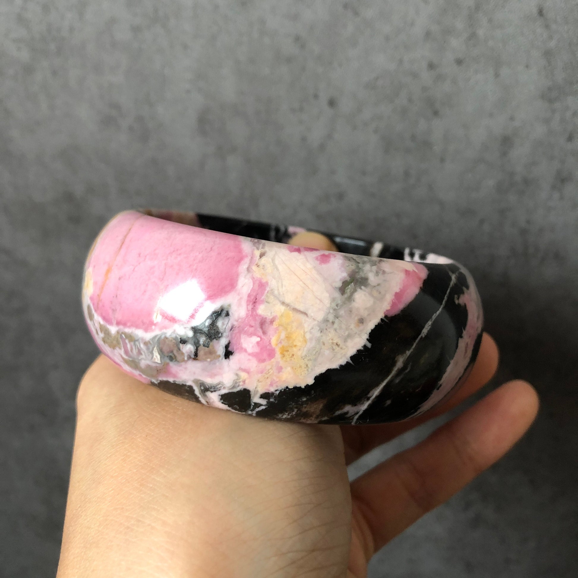 63.4mm High Quality Natural Rhodonite Bangle| Strawberry Cow | Black and White with Barbie Pink| Hint of Gold| Sweet & Cute | Crystal Bangle