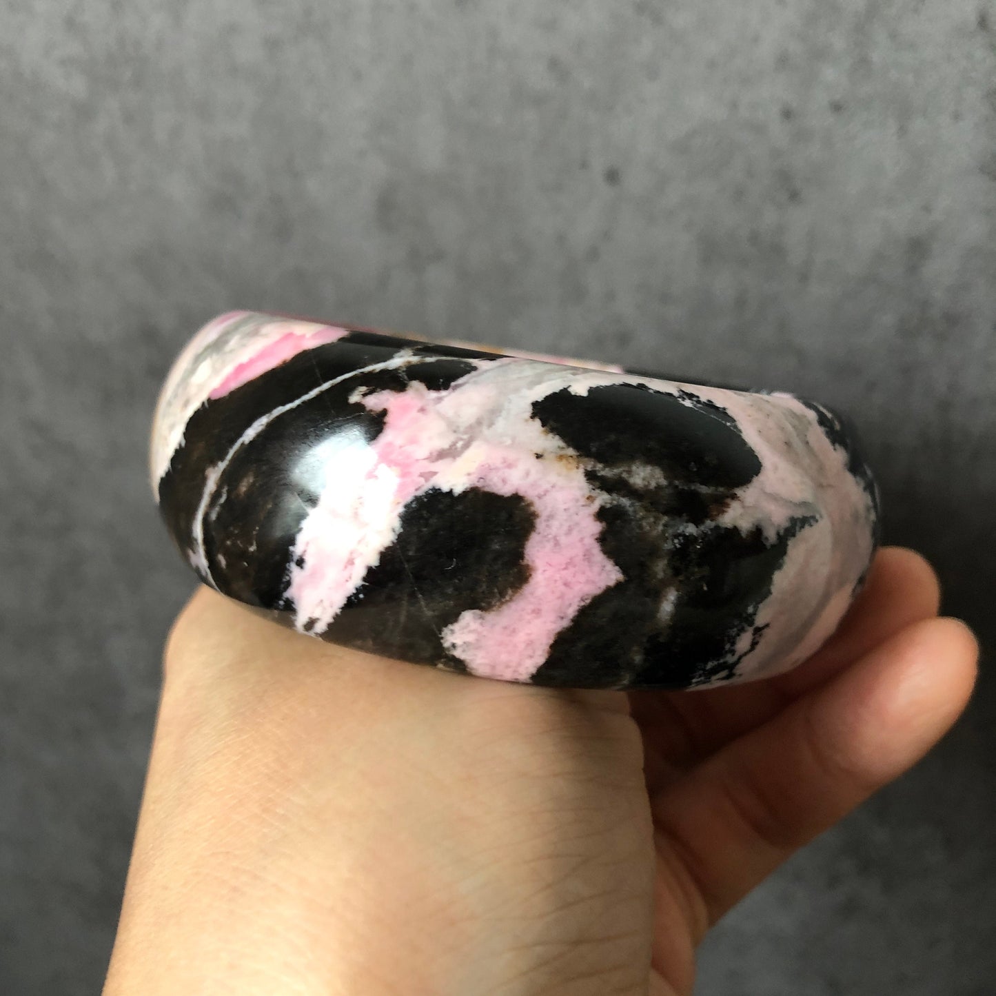 63.4mm High Quality Natural Rhodonite Bangle| Strawberry Cow | Black and White with Barbie Pink| Hint of Gold| Sweet & Cute | Crystal Bangle