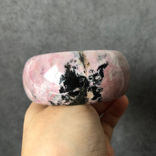 59.2mm Natural Rhodonite Bangle Bracelet | Ms. Butterfly | Pink White | Granules Pink & Splashing Ink | Big Gemstone Crystal Wide Bangle