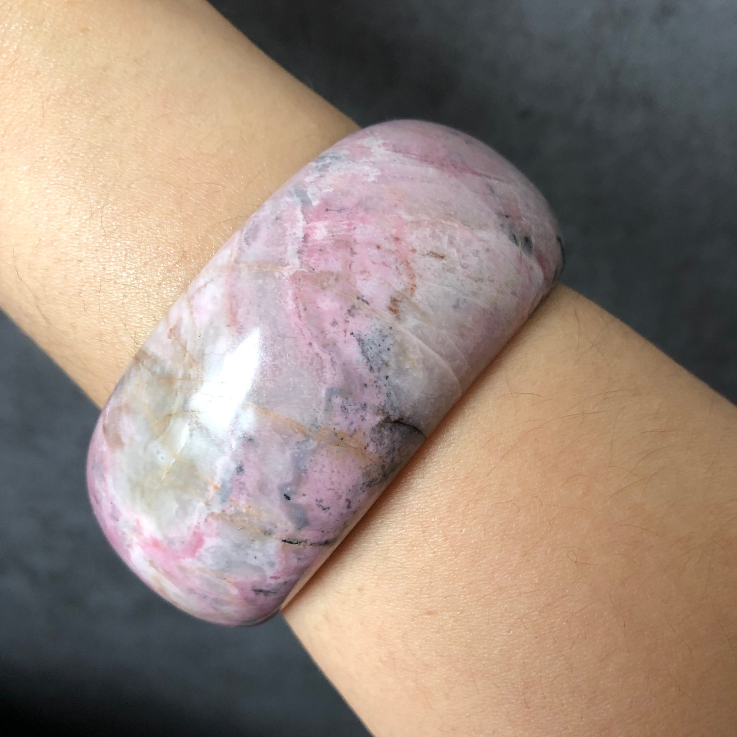 59.2mm Natural Rhodonite Bangle Bracelet | Ms. Butterfly | Pink White | Granules Pink & Splashing Ink | Big Gemstone Crystal Wide Bangle