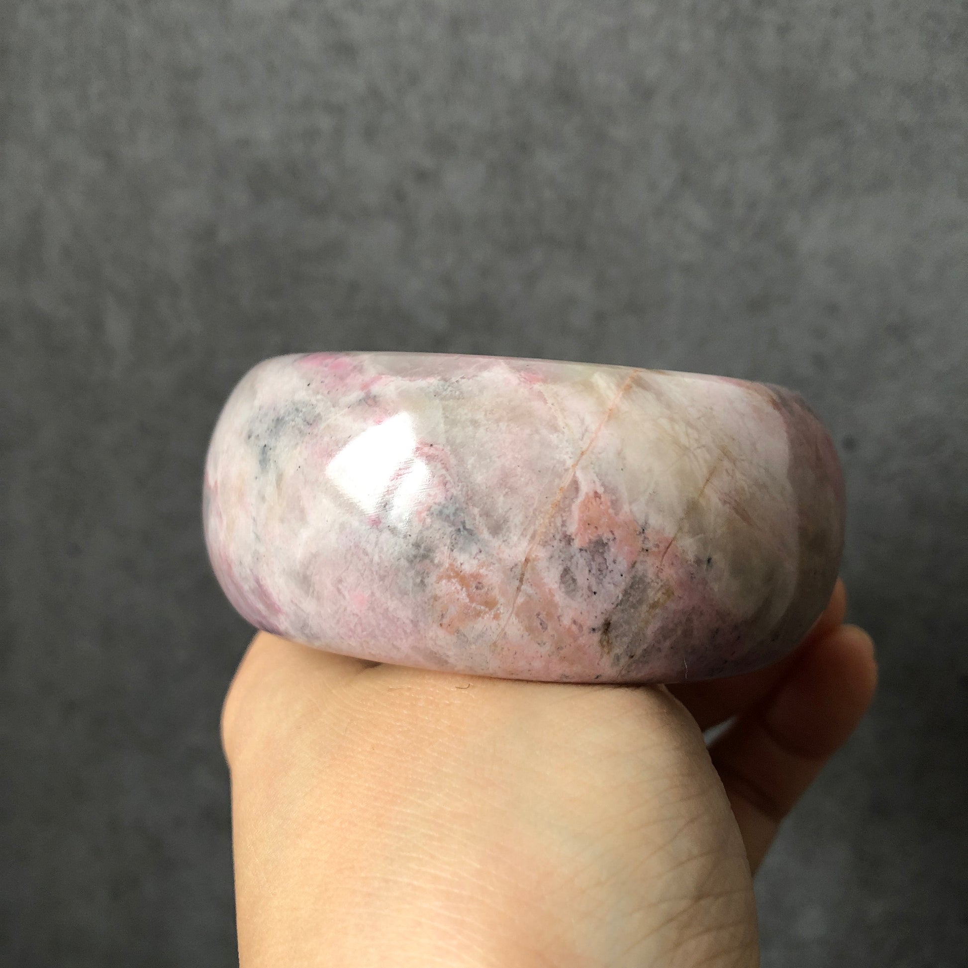 59.2mm Natural Rhodonite Bangle Bracelet | Ms. Butterfly | Pink White | Granules Pink & Splashing Ink | Big Gemstone Crystal Wide Bangle