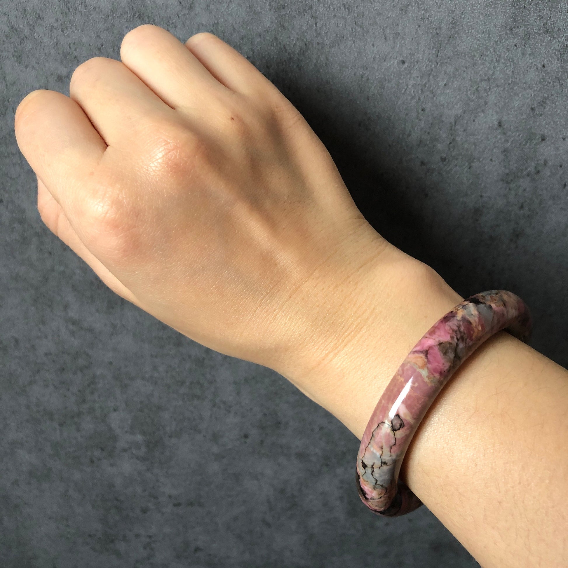 52.7mm Premium Natural Rhodonite Bangle | Kaleidoscope | Light Blue, Pink and Brown | Crystal Gemstone Bracelet | Vintage Antique Bangle