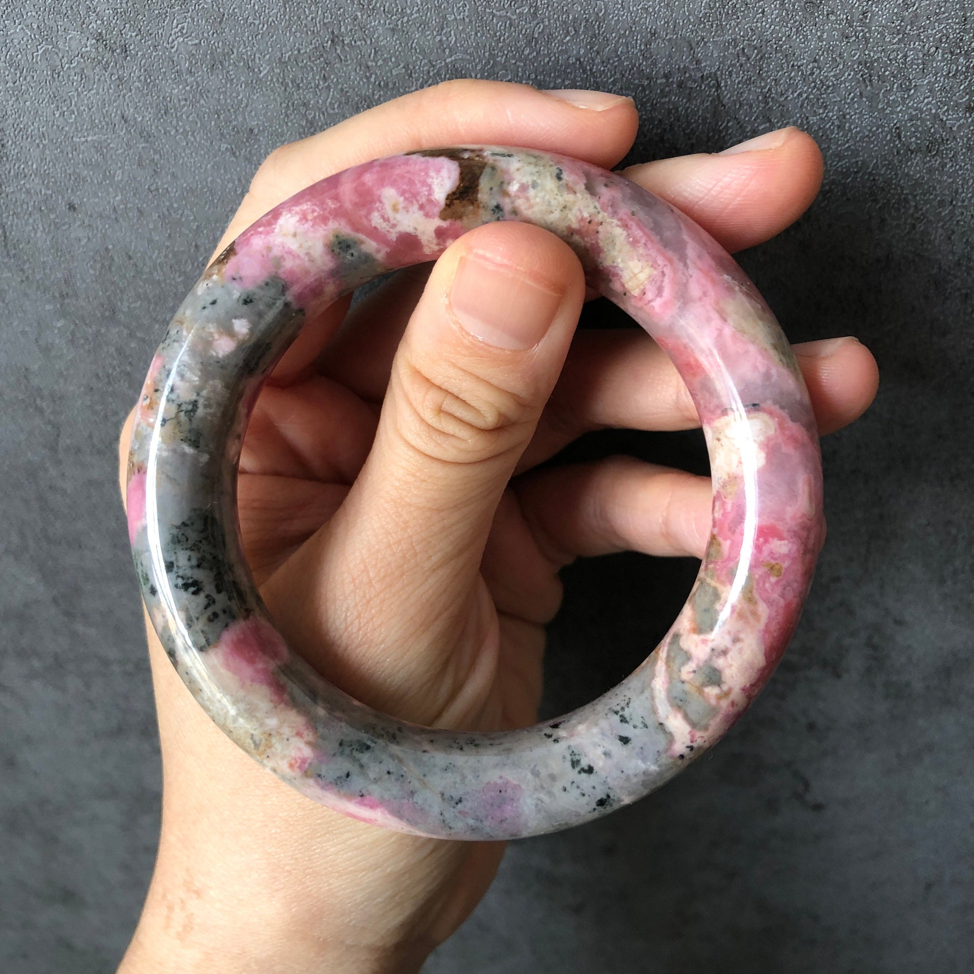 56.5mm Natural Rhodonite Stone Bangle | Water Lilies | Impressionism | Monet Painting | Blue and Baby Pink | Crystal Gemstone Bracelet Women