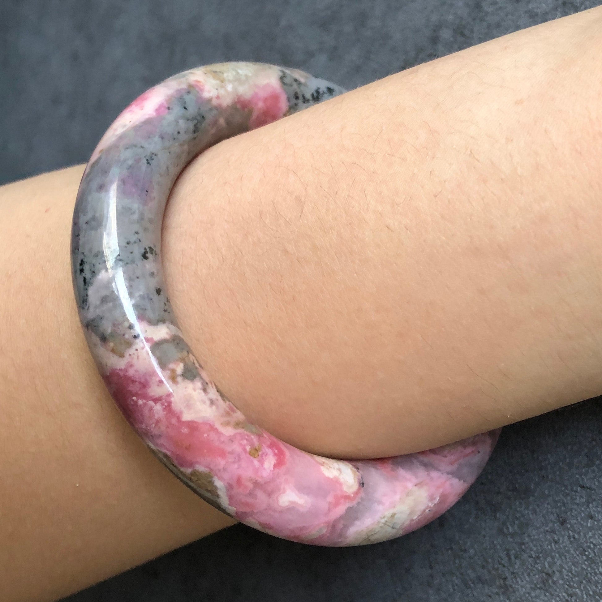 56.5mm Natural Rhodonite Stone Bangle | Water Lilies | Impressionism | Monet Painting | Blue and Baby Pink | Crystal Gemstone Bracelet Women