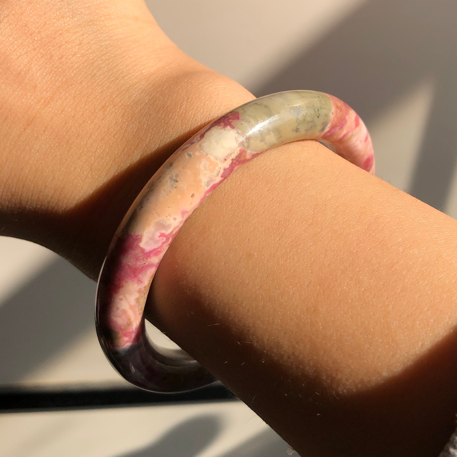 56.5mm High Quality Natural Rhodonite Bangle| Spring Garden | Porcelain blue and Matcha Green | Vivid and Colourful | Crystal Bangle