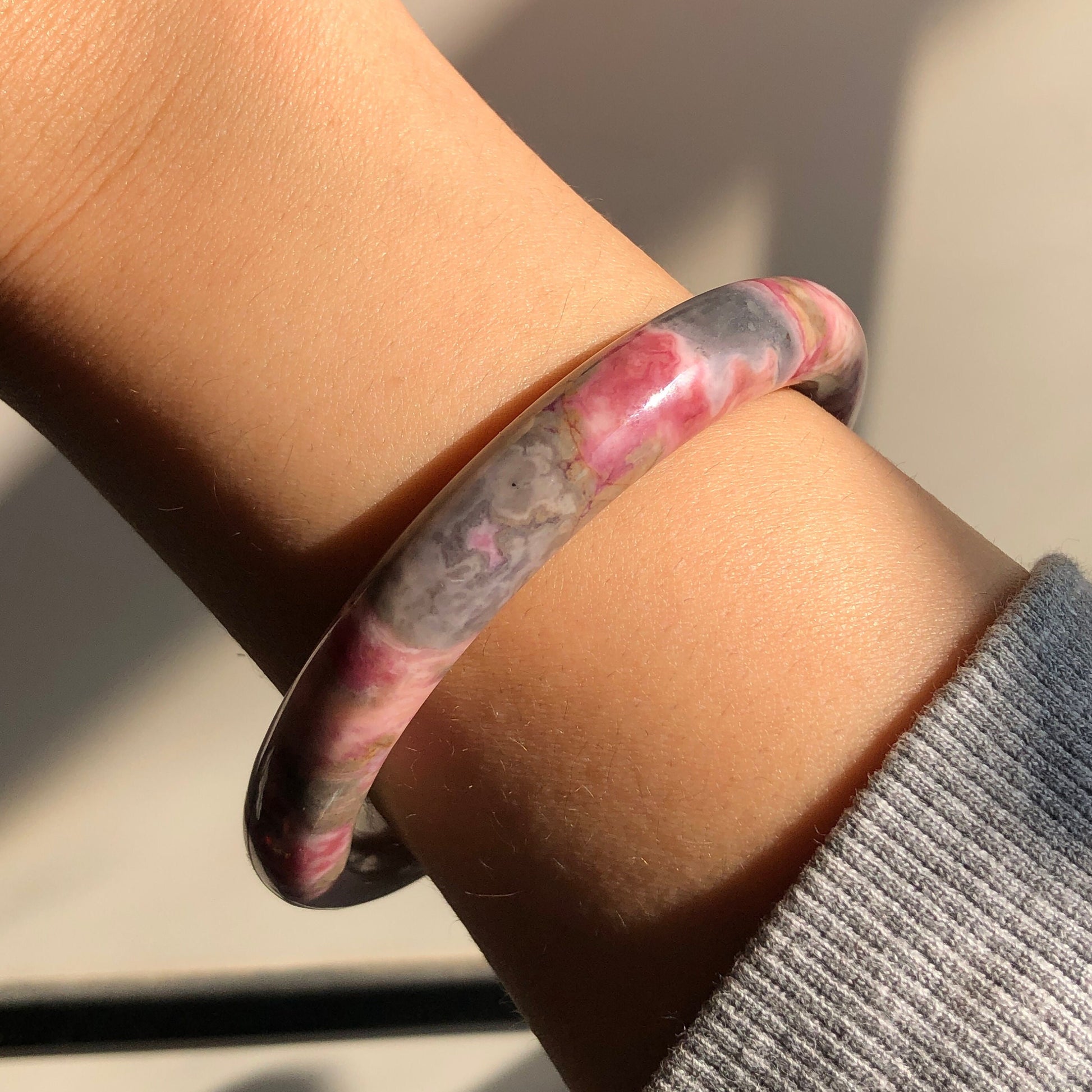 56.5mm High Quality Natural Rhodonite Bangle| Spring Garden | Porcelain blue and Matcha Green | Vivid and Colourful | Crystal Bangle