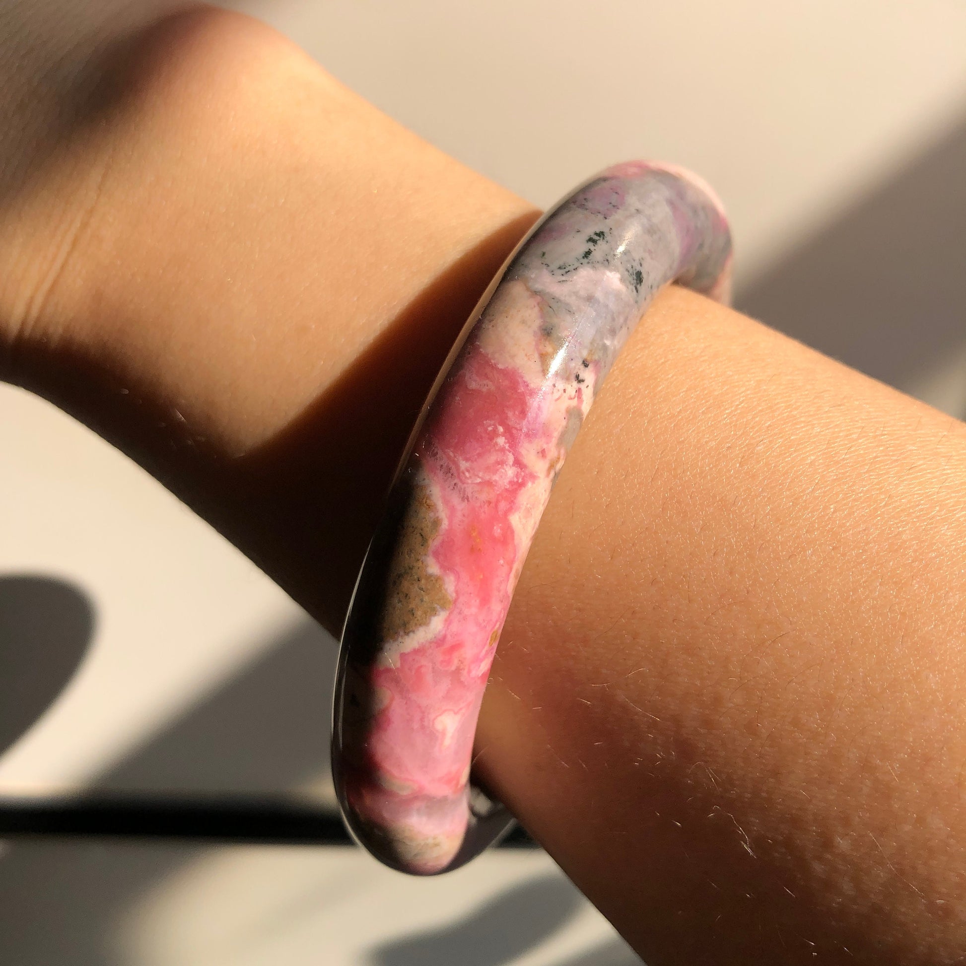 56.5mm Natural Rhodonite Stone Bangle | Water Lilies | Impressionism | Monet Painting | Blue and Baby Pink | Crystal Gemstone Bracelet Women