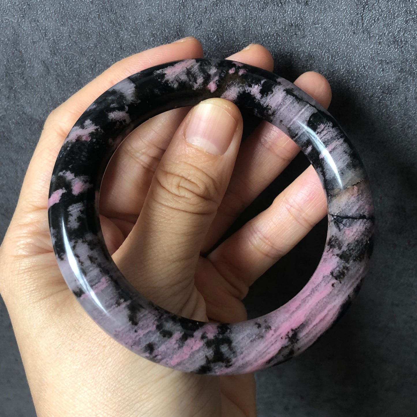 57.9mm Natural Rhodonite Bangle | Snowy Leopard | Icy dusty pink with leopard print | Pink Crystal Gemstone Bracelet | Healing Stone Gift