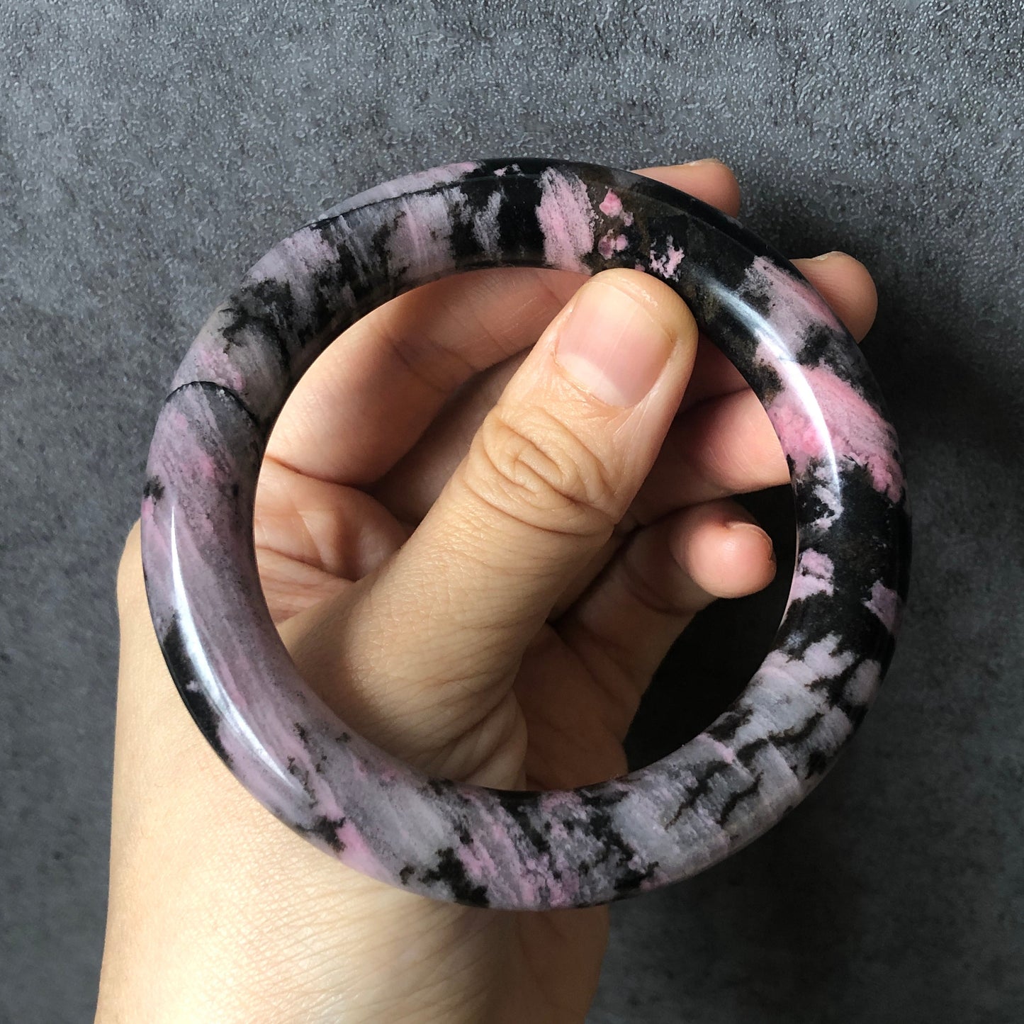 57.9mm Natural Rhodonite Bangle | Snowy Leopard | Icy dusty pink with leopard print | Pink Crystal Gemstone Bracelet | Healing Stone Gift