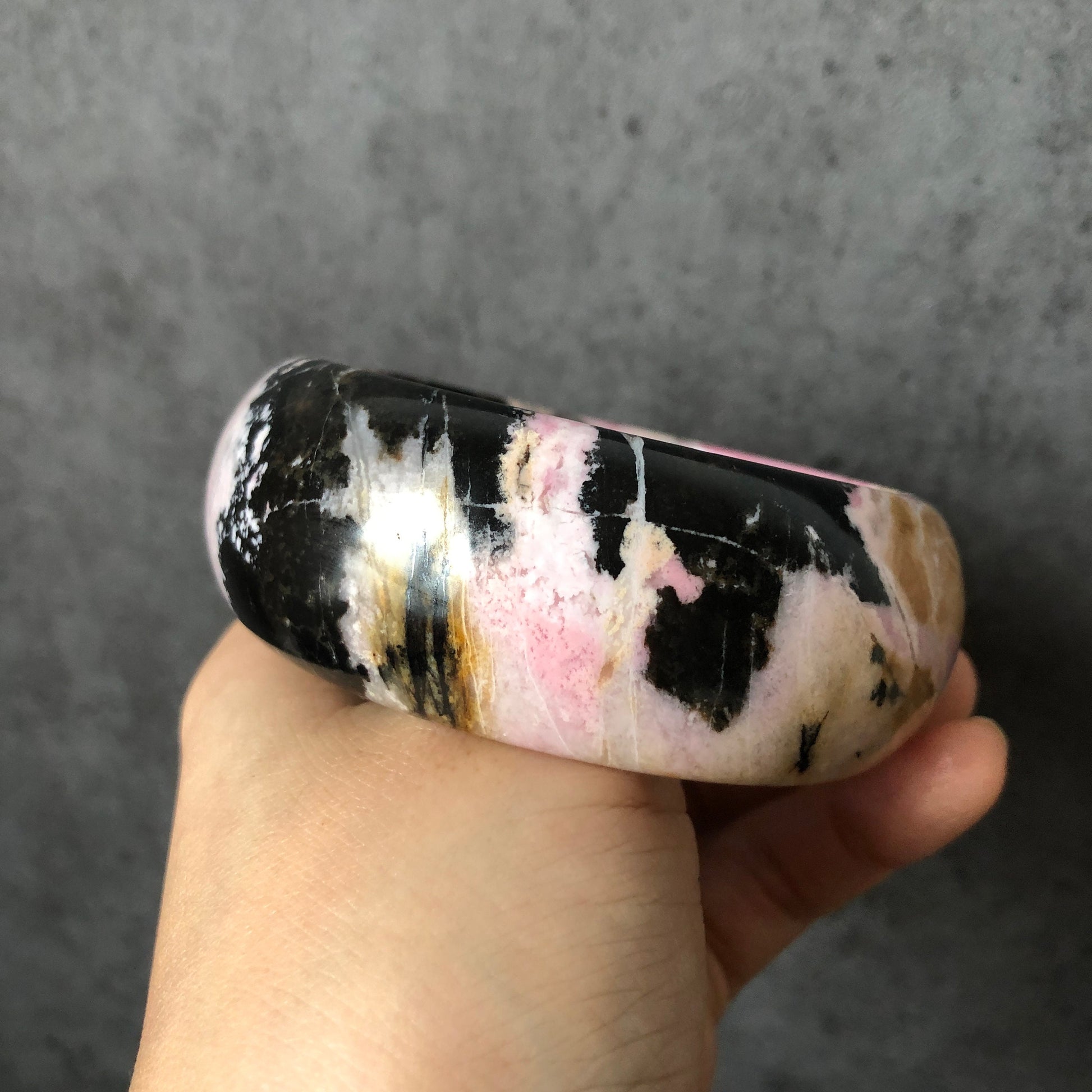 63.4mm High Quality Natural Rhodonite Bangle| Strawberry Cow | Black and White with Barbie Pink| Hint of Gold| Sweet & Cute | Crystal Bangle