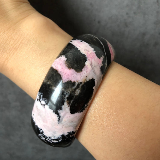 63.4mm High Quality Natural Rhodonite Bangle| Strawberry Cow | Black and White with Barbie Pink| Hint of Gold| Sweet & Cute | Crystal Bangle