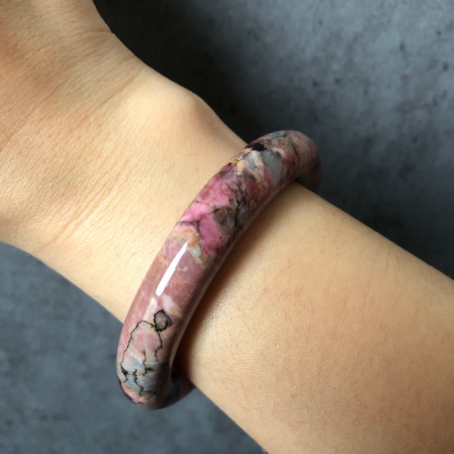 52.7mm Premium Natural Rhodonite Bangle | Kaleidoscope | Light Blue, Pink and Brown | Crystal Gemstone Bracelet | Vintage Antique Bangle