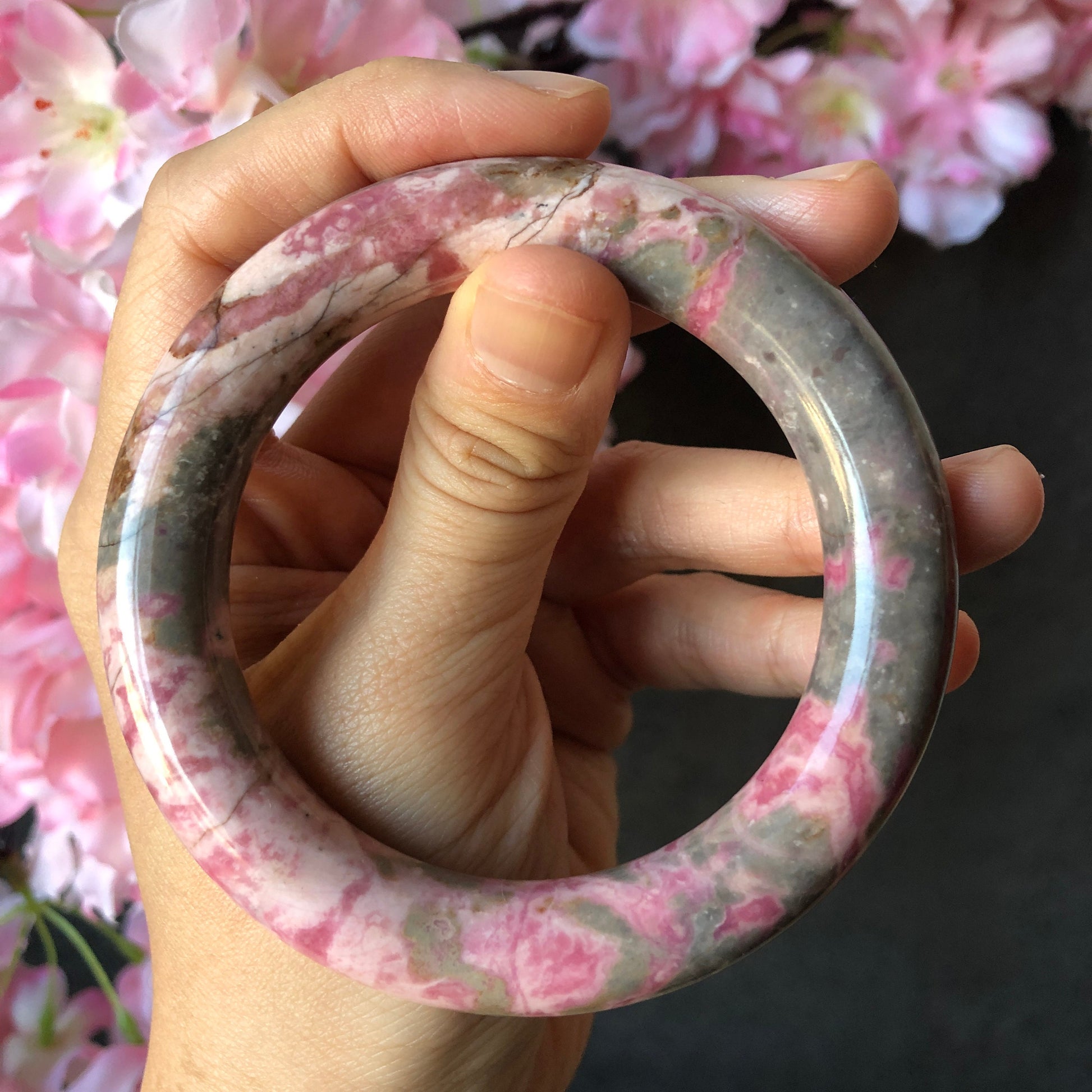 57.2mm Natural Rhodonite Stone Bangle | Baby Pink & Blue | Blueberry and Strawberry Milkshake | Crystal Gemstone Bracelet Healing Stone