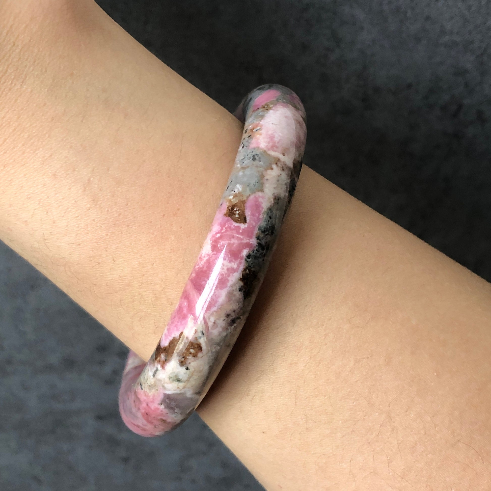 56.5mm Natural Rhodonite Stone Bangle | Water Lilies | Impressionism | Monet Painting | Blue and Baby Pink | Crystal Gemstone Bracelet Women