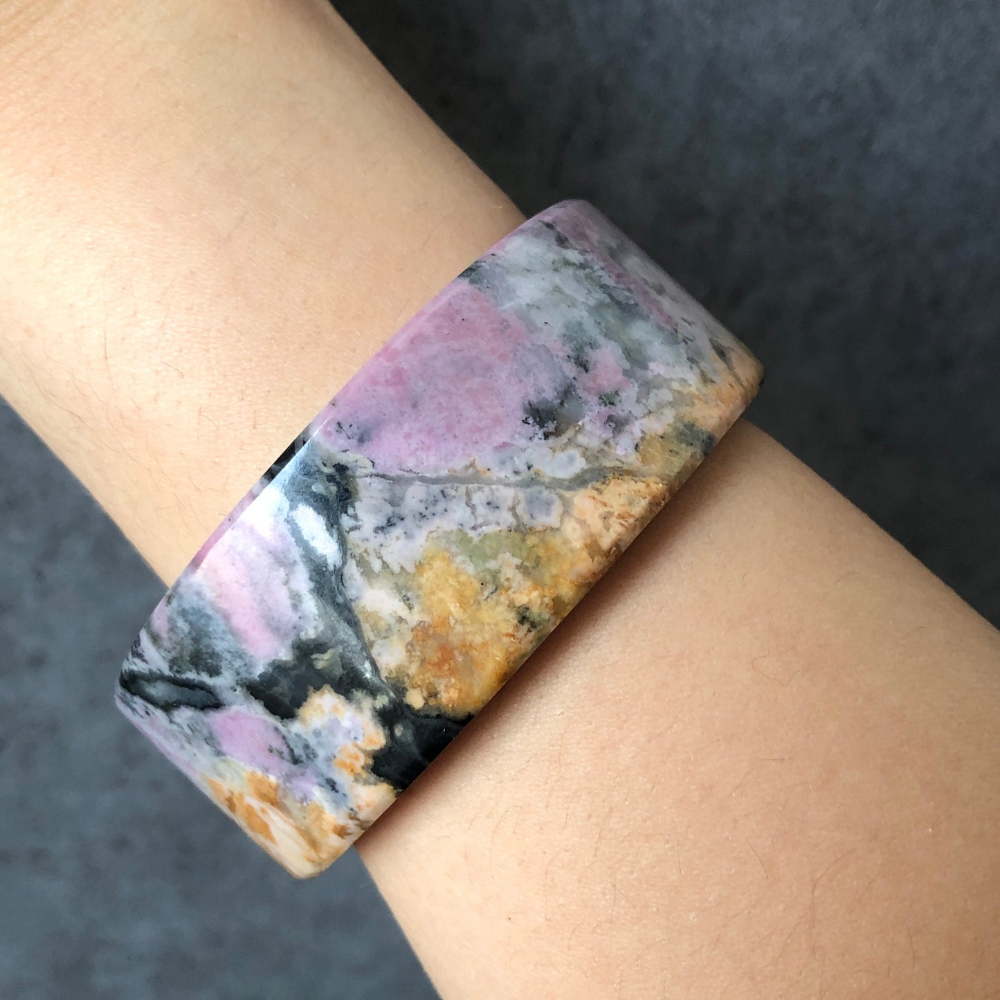 56.3mm Natural Rhodonite Stone Bangle | Dancing Flame | Purple and Gold | Beautiful Scenery | Crystal Gemstone Bangle | Healing Stone Gift