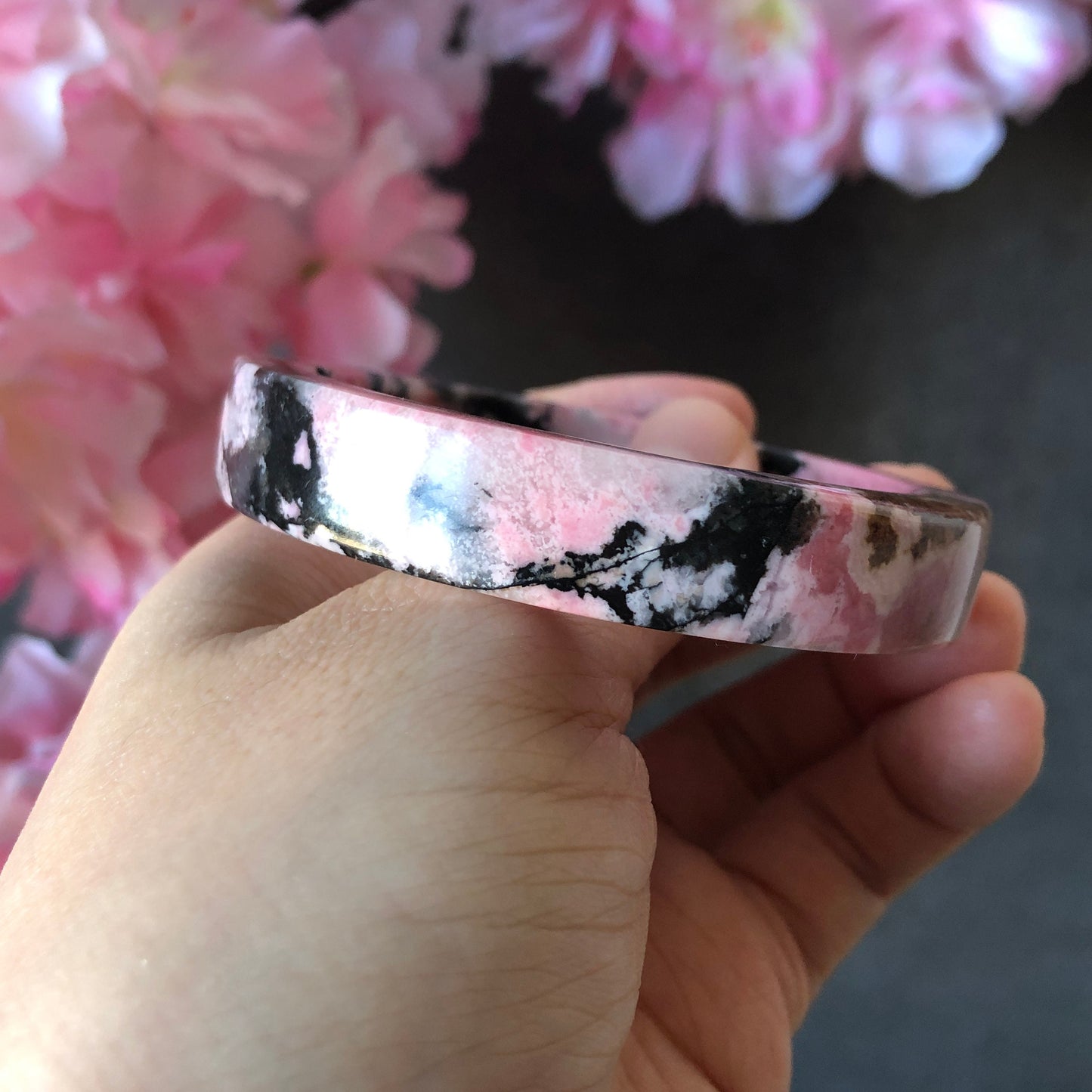 52.6mm Natural Rhodonite Stone Bangle Bracelet | Strawberry Smoothies | Pink & Black Ink | Danqing | Crystal Gemstone Bangle Healing Stone