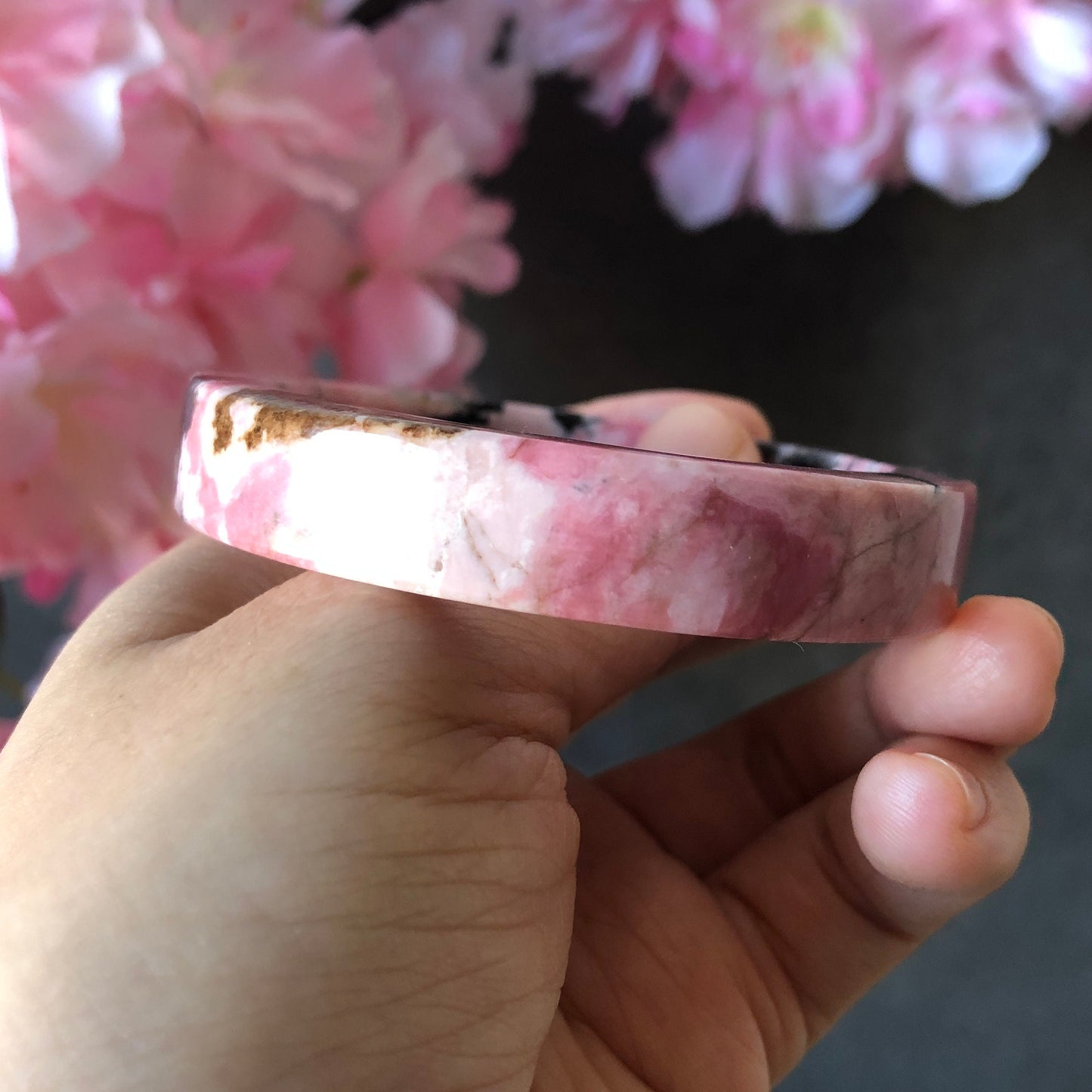 52.6mm Natural Rhodonite Stone Bangle Bracelet | Strawberry Smoothies | Pink & Black Ink | Danqing | Crystal Gemstone Bangle Healing Stone