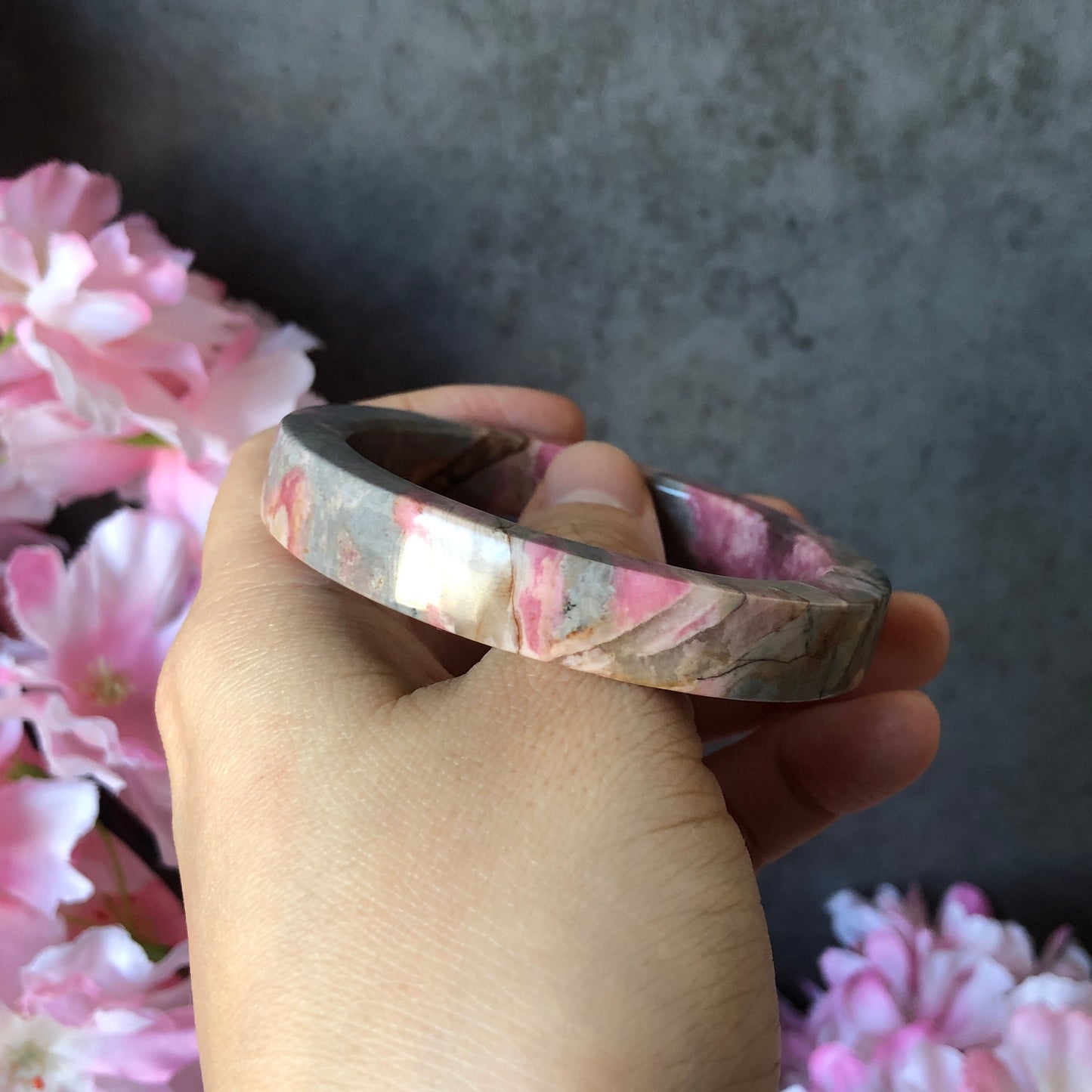 52.3mm Natural Pink Rhodonite Stone Bangle Bracelet | Baby Whale | Pink & Blue | Crystal Bangle Raw Gemstone Bracelet | Healing Crystal Gift