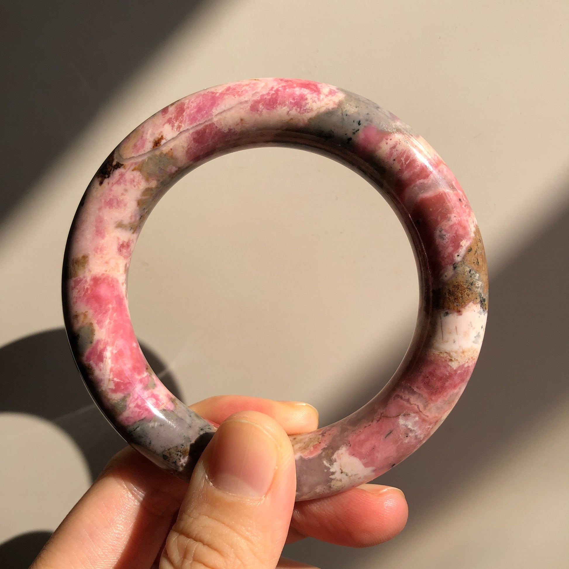 56.5mm Natural Rhodonite Stone Bangle | Water Lilies | Impressionism | Monet Painting | Blue and Baby Pink | Crystal Gemstone Bracelet Women