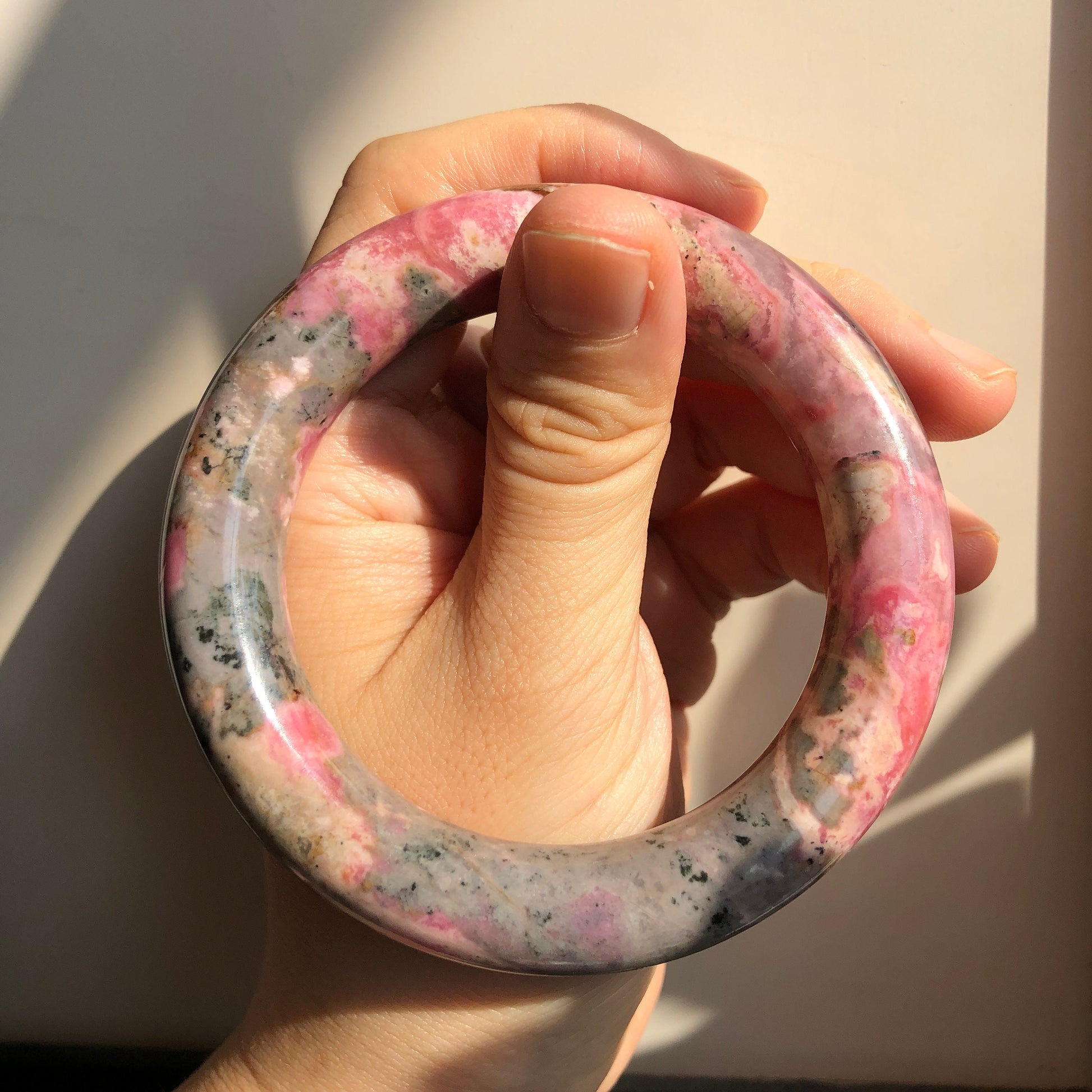 56.5mm Natural Rhodonite Stone Bangle | Water Lilies | Impressionism | Monet Painting | Blue and Baby Pink | Crystal Gemstone Bracelet Women