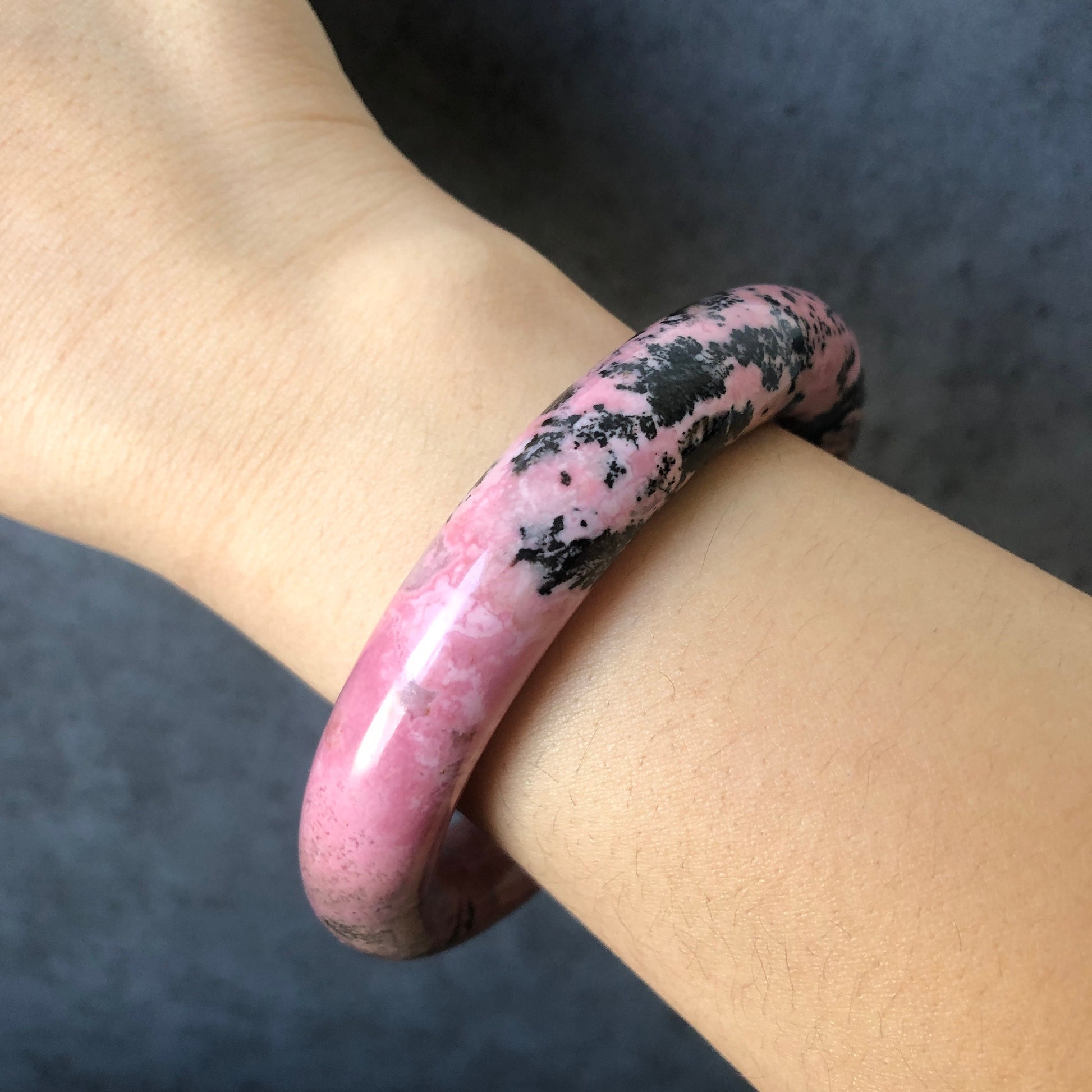 57.7mm Natural Rhodonite Bangle | The Splash! | Pink with Black Ink | Crystal Gemstone Bangle | Pink Raw Stone Bracelet | Healing Stone