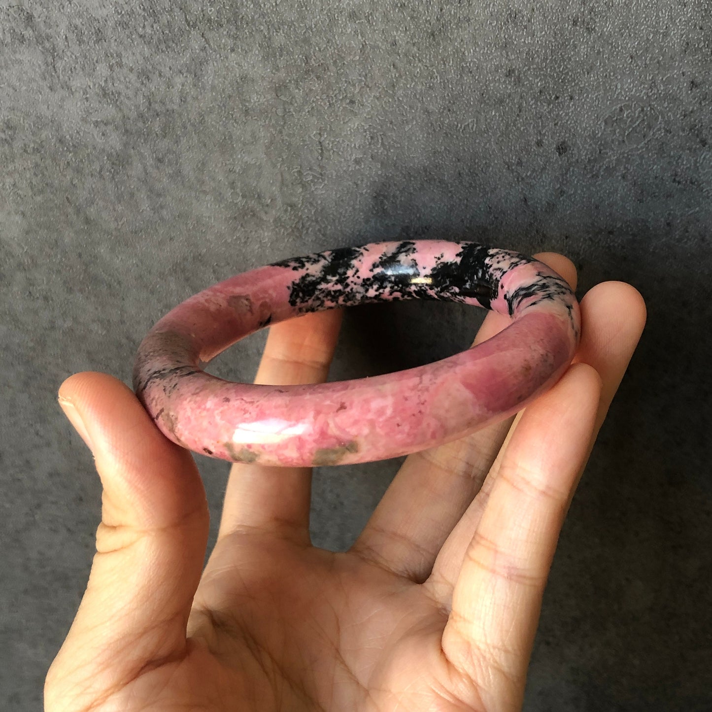 57.7mm Natural Rhodonite Bangle | The Splash! | Pink with Black Ink | Crystal Gemstone Bangle | Pink Raw Stone Bracelet | Healing Stone