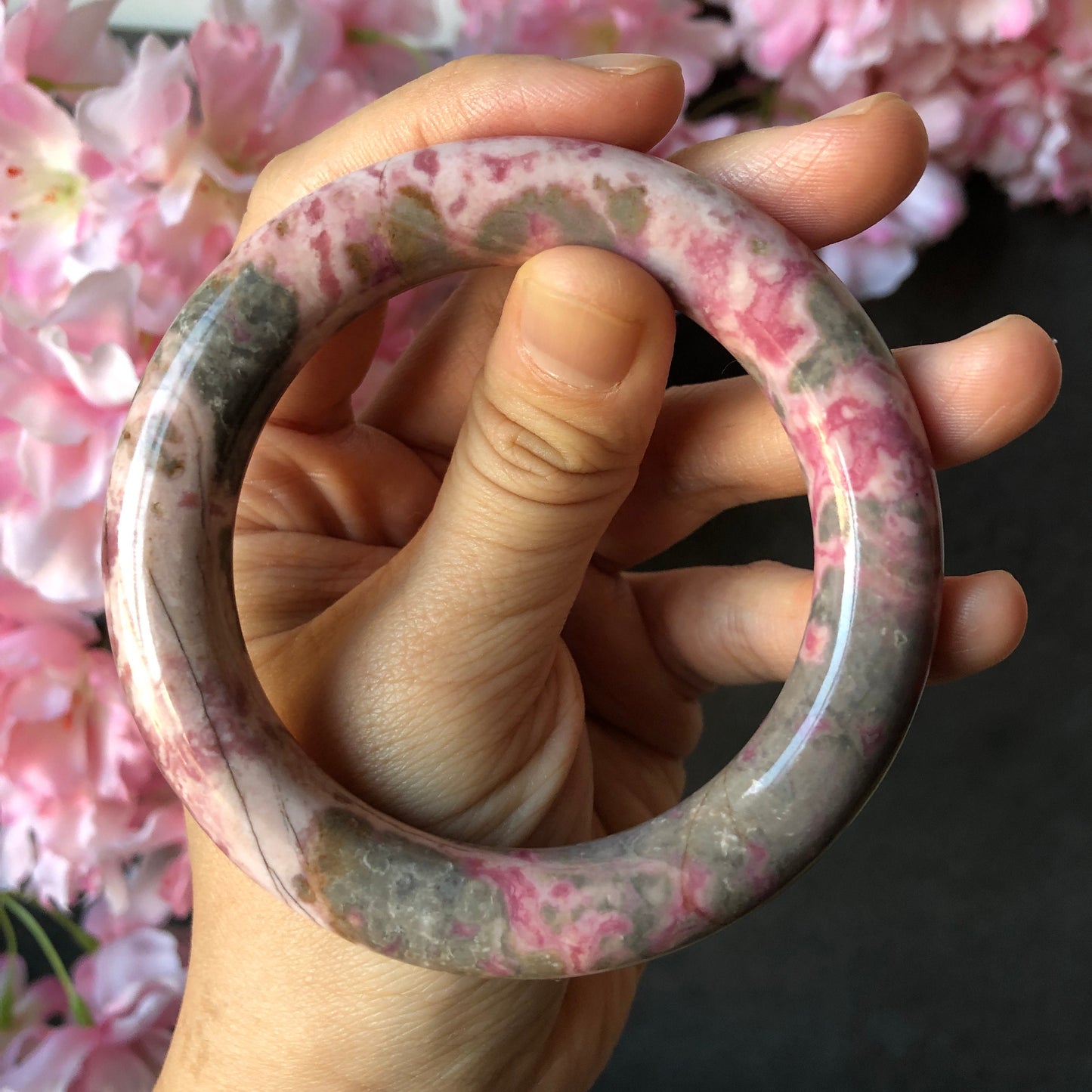 57.2mm Natural Rhodonite Stone Bangle | Baby Pink & Blue | Blueberry and Strawberry Milkshake | Crystal Gemstone Bracelet Healing Stone